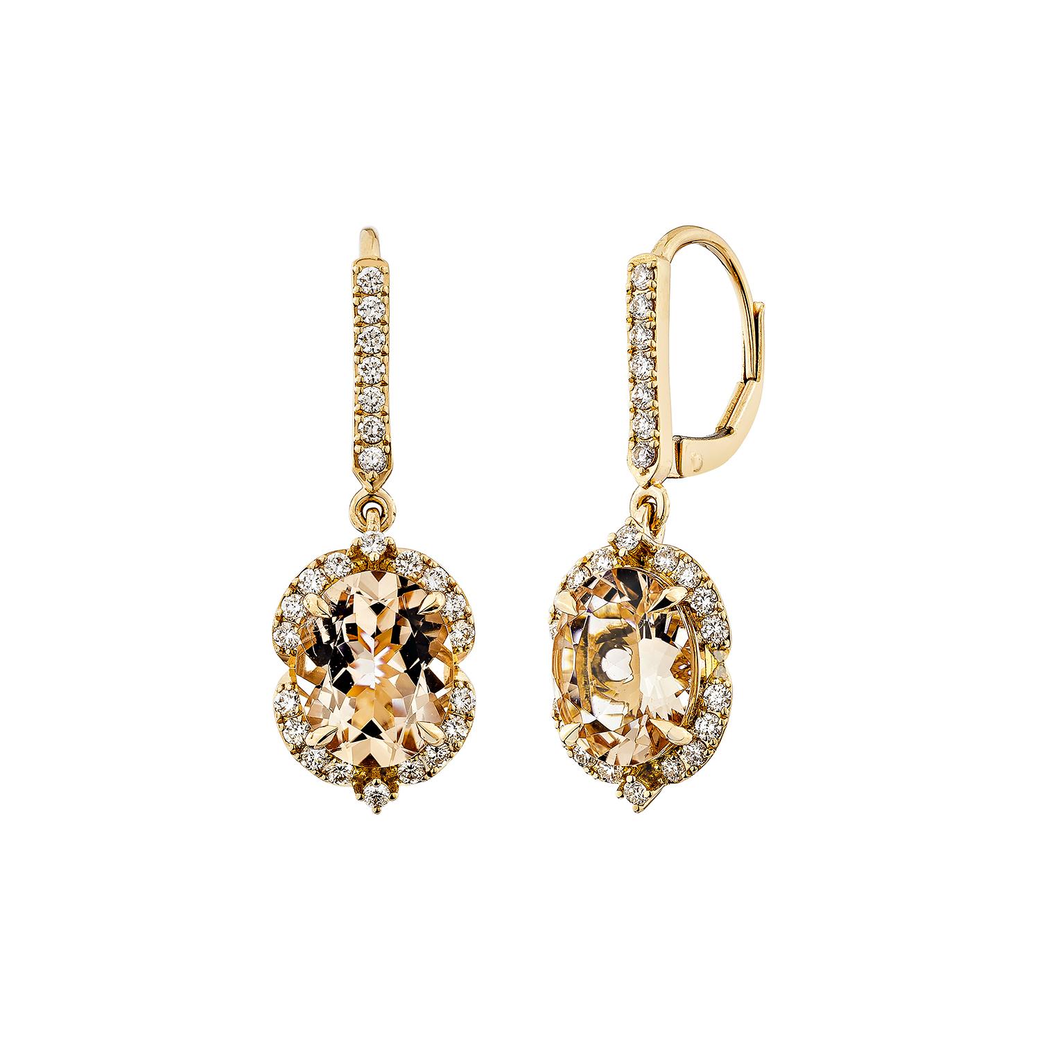 Taglio ovale Orecchini pendenti di morganite da 4,18 carati in 18KRG con diamante. in vendita