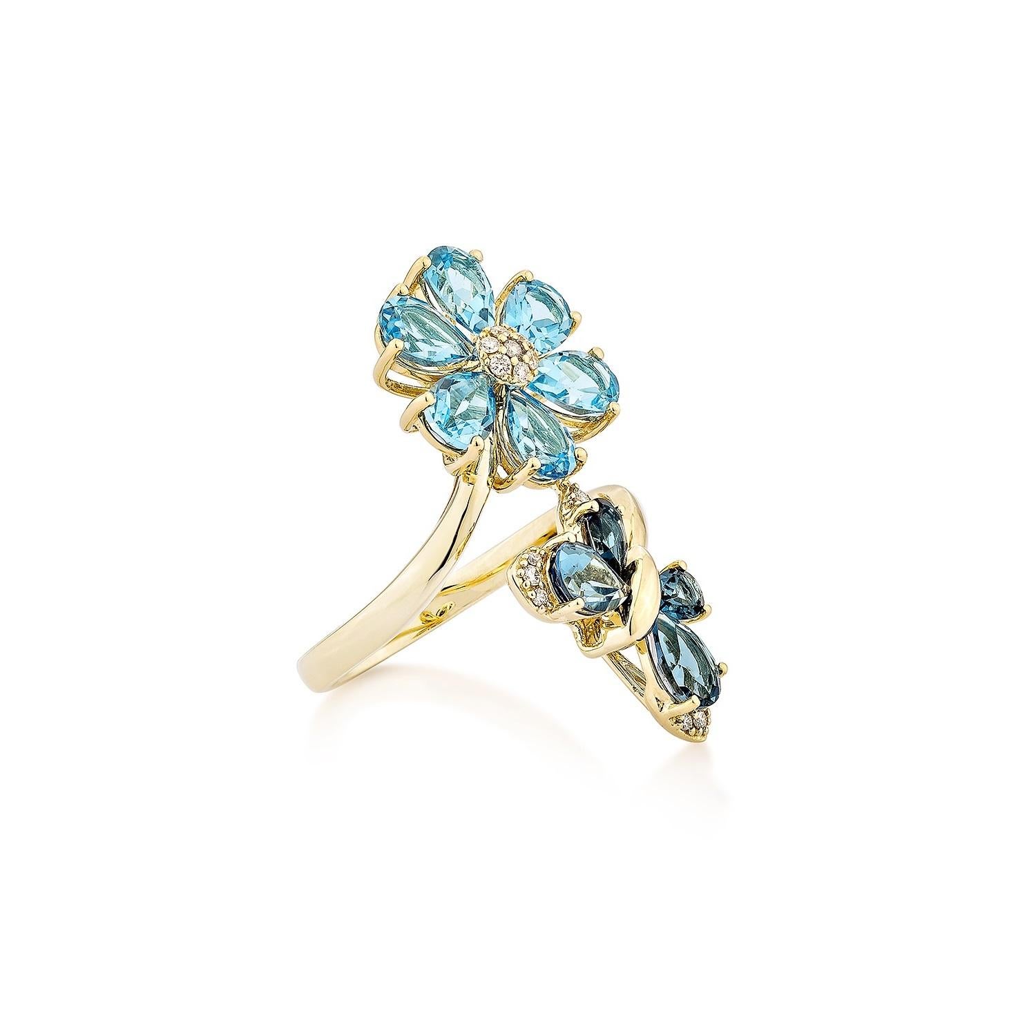 A nature-inspired statement piece, this Swiss & London Blue Topaz Ring blooms with brilliance in 14K Yellow Gold. The open-wrap design features a delicate flower and butterfly motif, adorned with pear-shaped blue topaz gemstones and sparkling