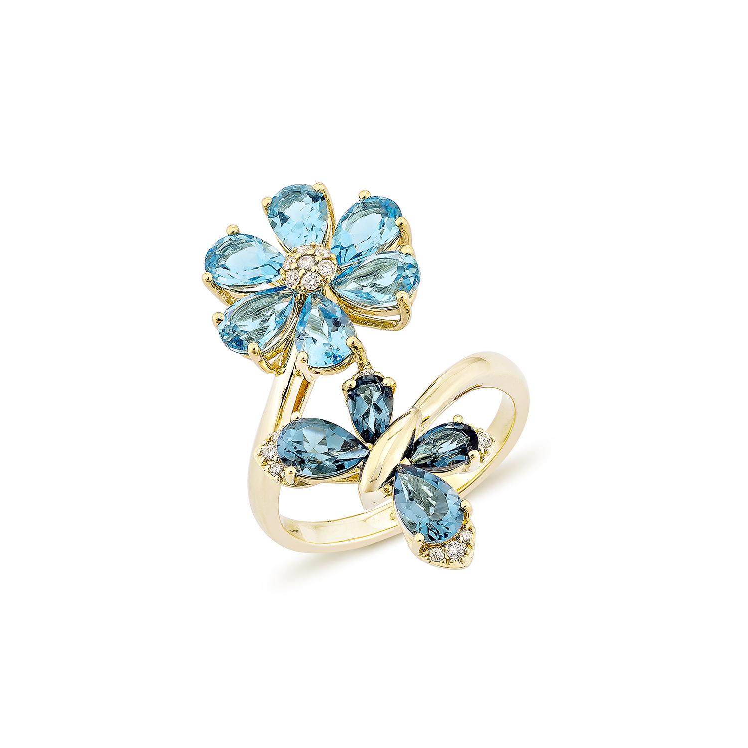 Contemporary Sunita Nahata Swiss & London Blue Topaz 4.26ct. Ring in 14KYG with Diamond. For Sale