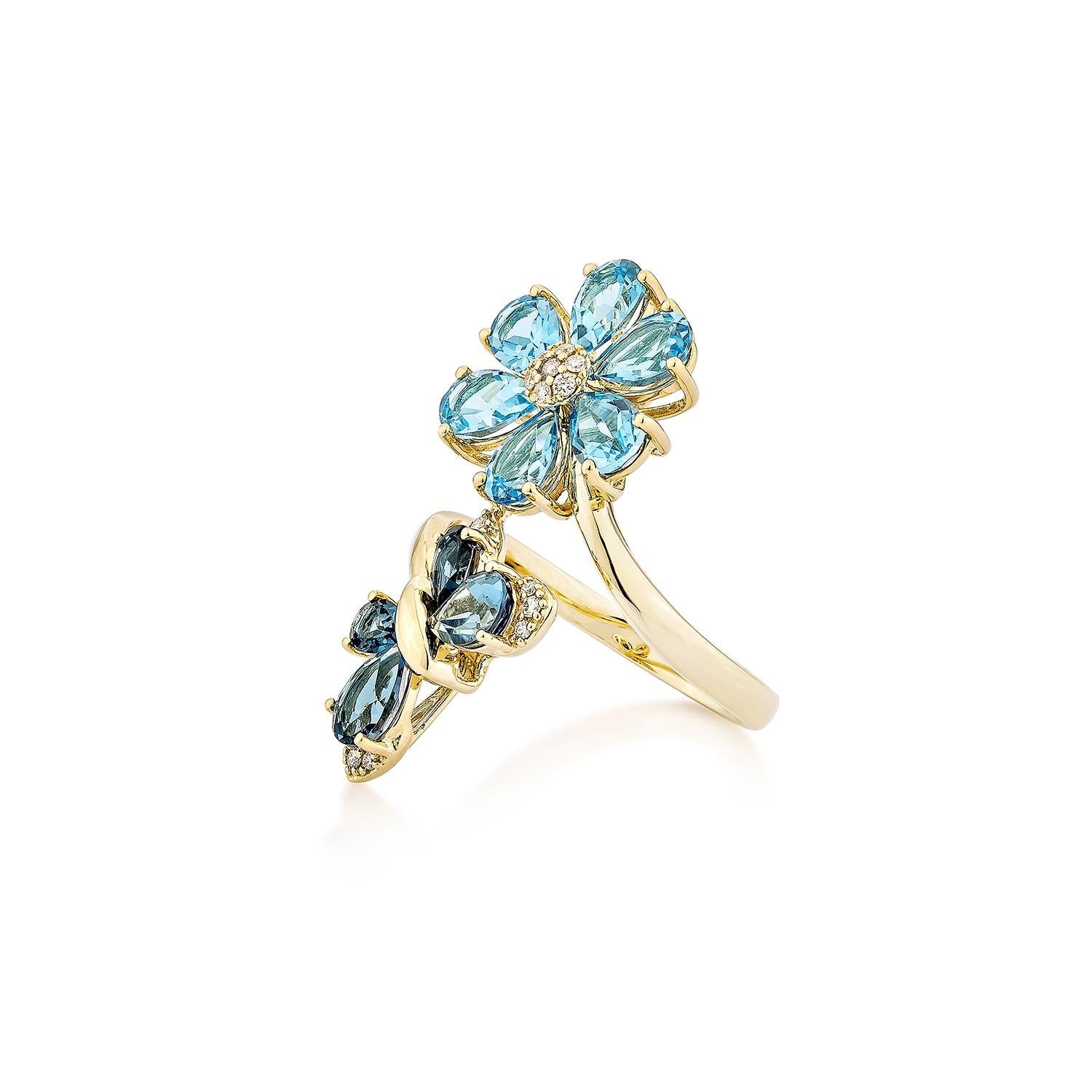Pear Cut Sunita Nahata Swiss & London Blue Topaz 4.26ct. Ring in 14KYG with Diamond. For Sale