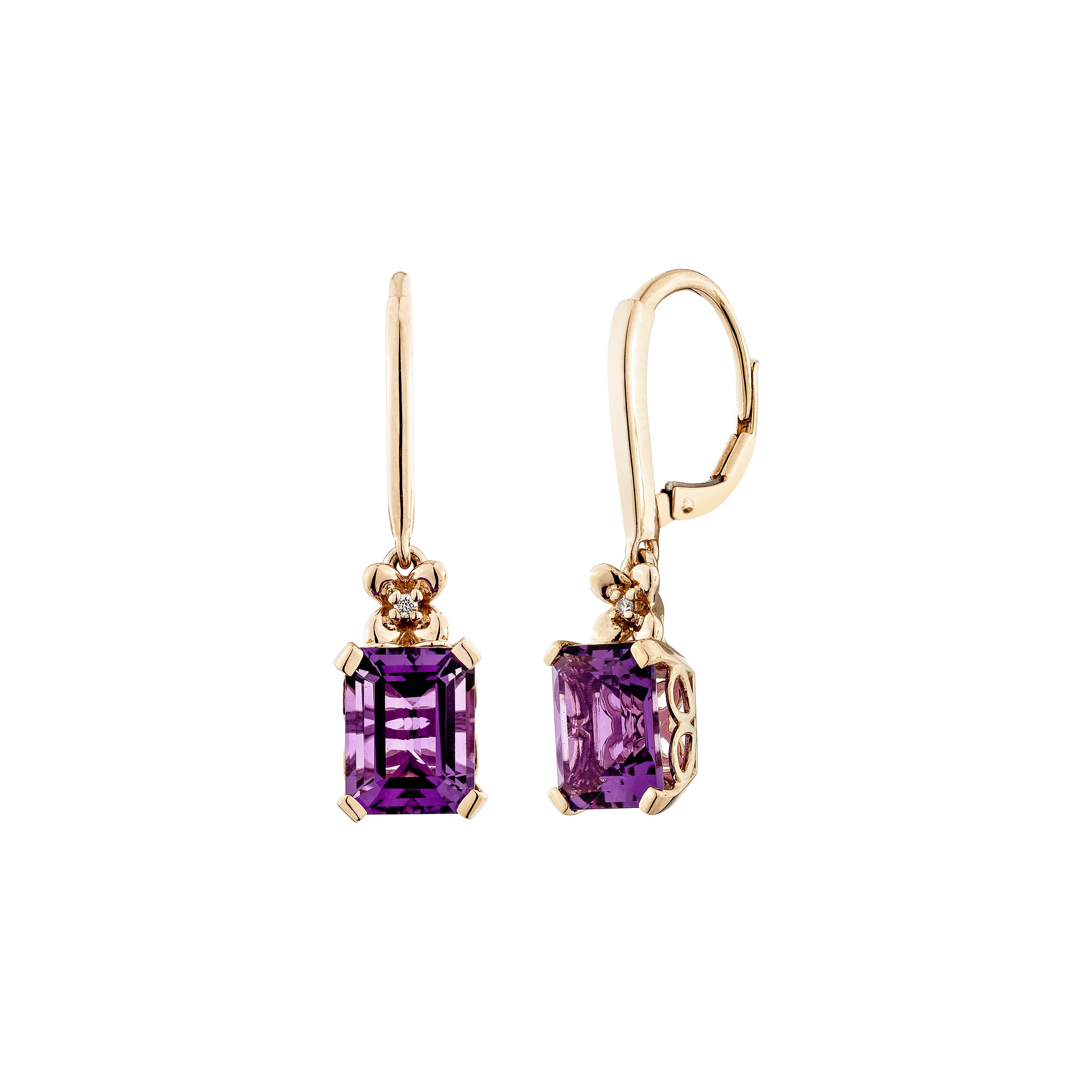 Ottagono Sunita Nahata Ametista 4.29ct. Orecchino a goccia in 14KRG con diamante bianco. in vendita