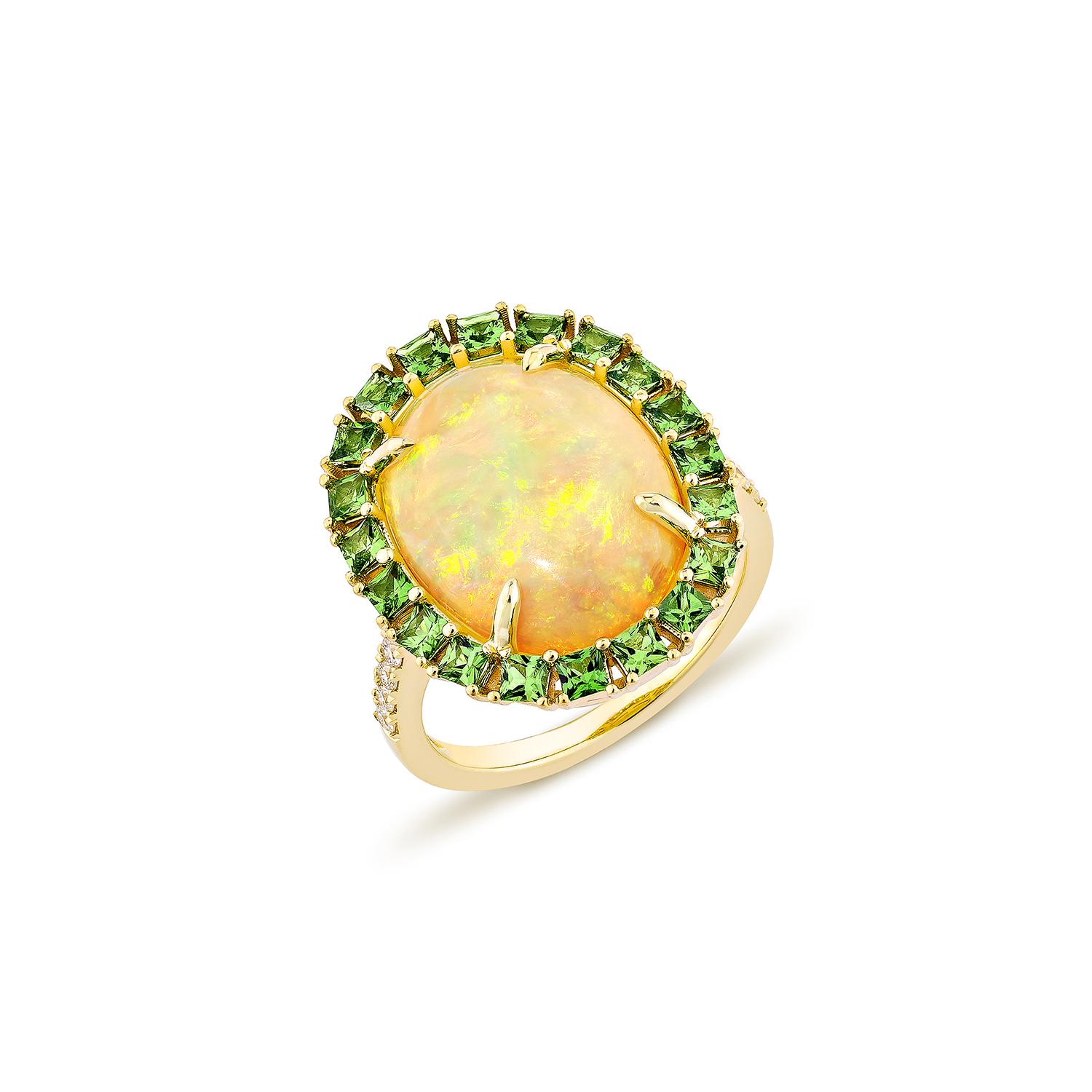 Contemporary Sunita Nahata Opal & Tsavorite 4.31ct. Fancy Ring in 18KYG with Diamond. For Sale