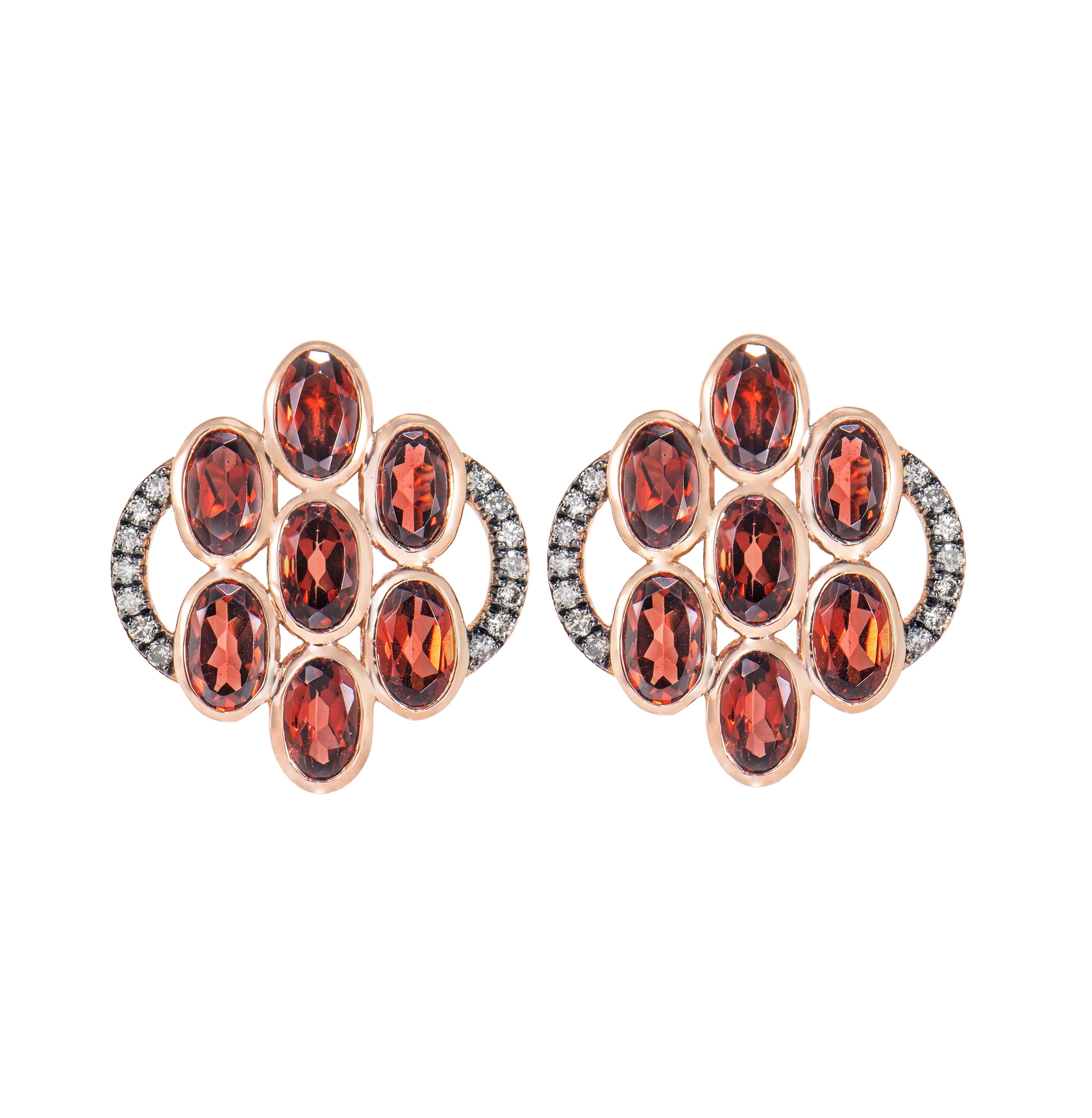 Contemporary Sunita Nahata Red Garnet 4.48ct. Earrings in 14KRG with Brown Diamond. For Sale