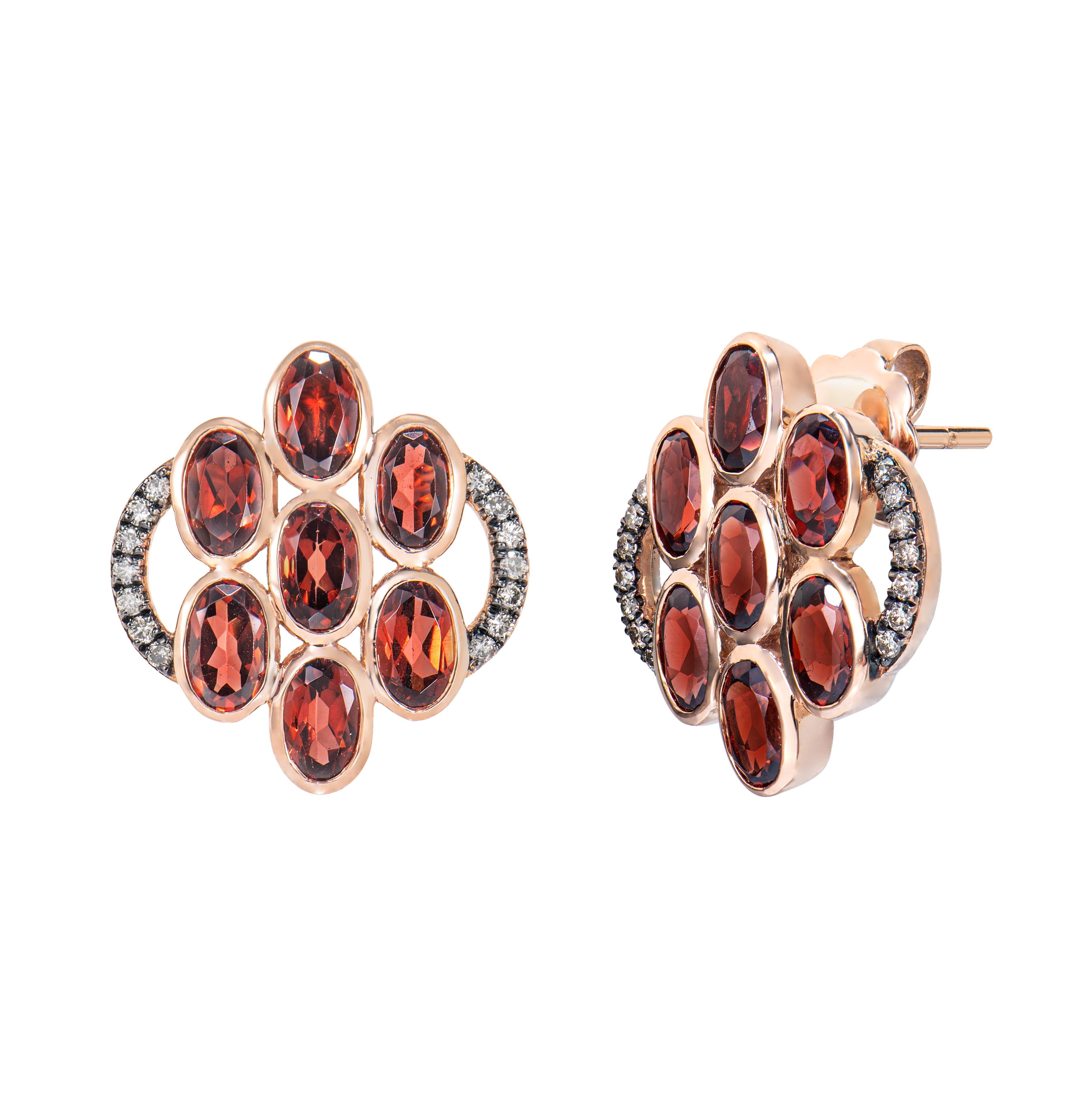 Oval Cut Sunita Nahata Red Garnet 4.48ct. Earrings in 14KRG with Brown Diamond. For Sale