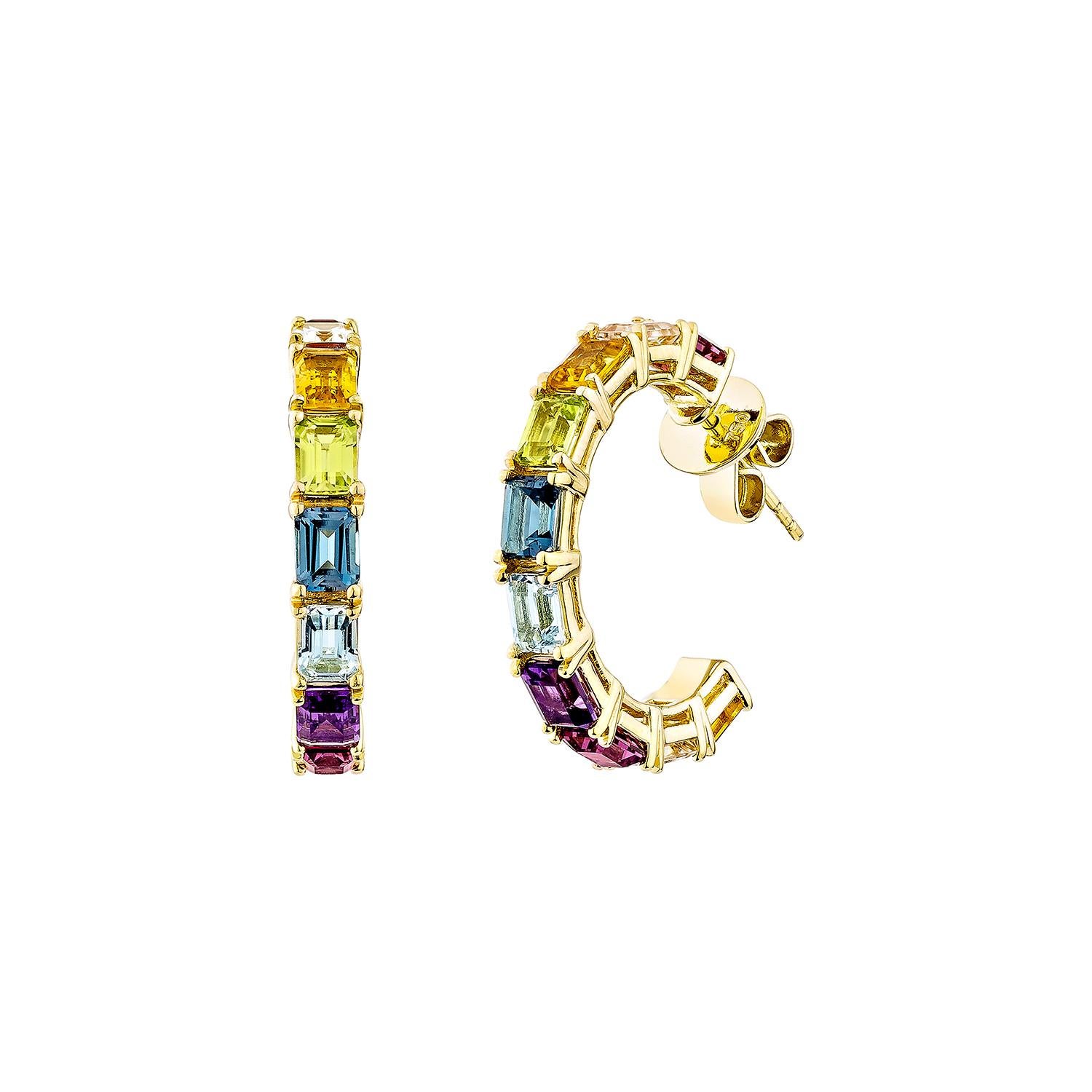 Octagon Cut Sunita Nahata Rainbow Gemstones 4.67ct. Drop Earring in 18KYG. For Sale