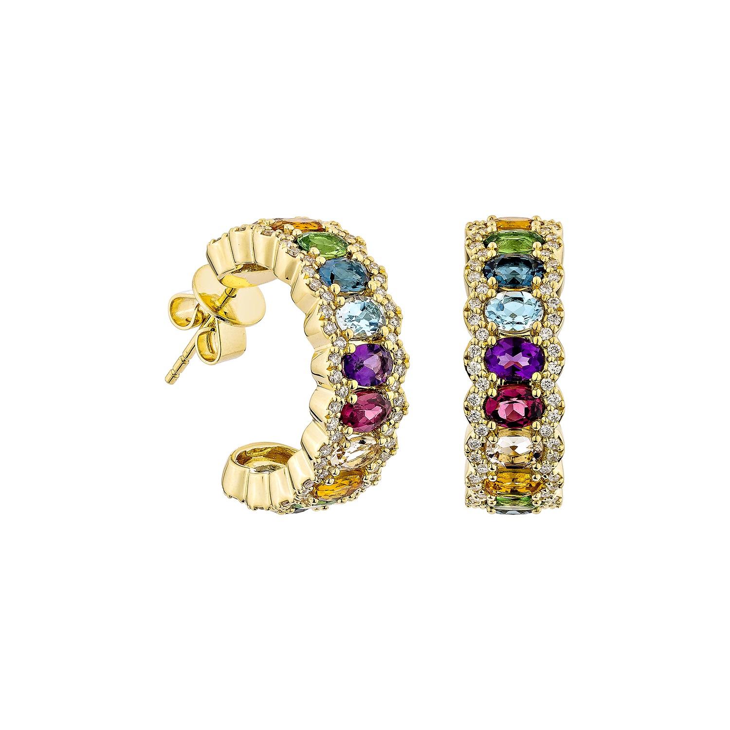 Presenting the rainbow earrings from Sunita Nahata's Rainbow Collection. These gorgeous earrings are made up of vivid gemstones that reflect the rainbow's hues and symbolize hope, joy, and variety. These earrings offer elegance and luxury while