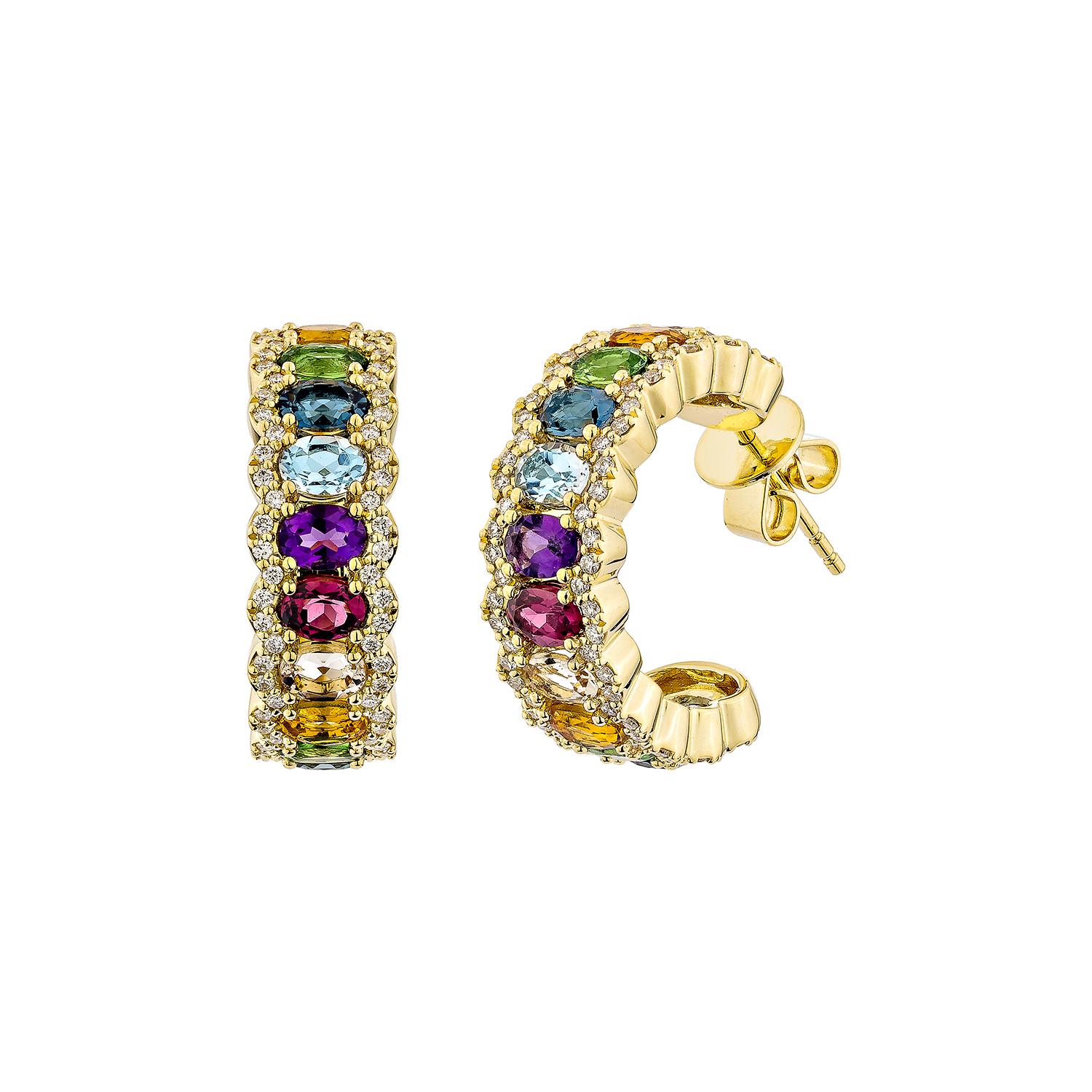 Oval Cut Sunita Nahata Rainbow Gemstones 4.68ct. Drop Earring in 18KYG with Diamond. For Sale