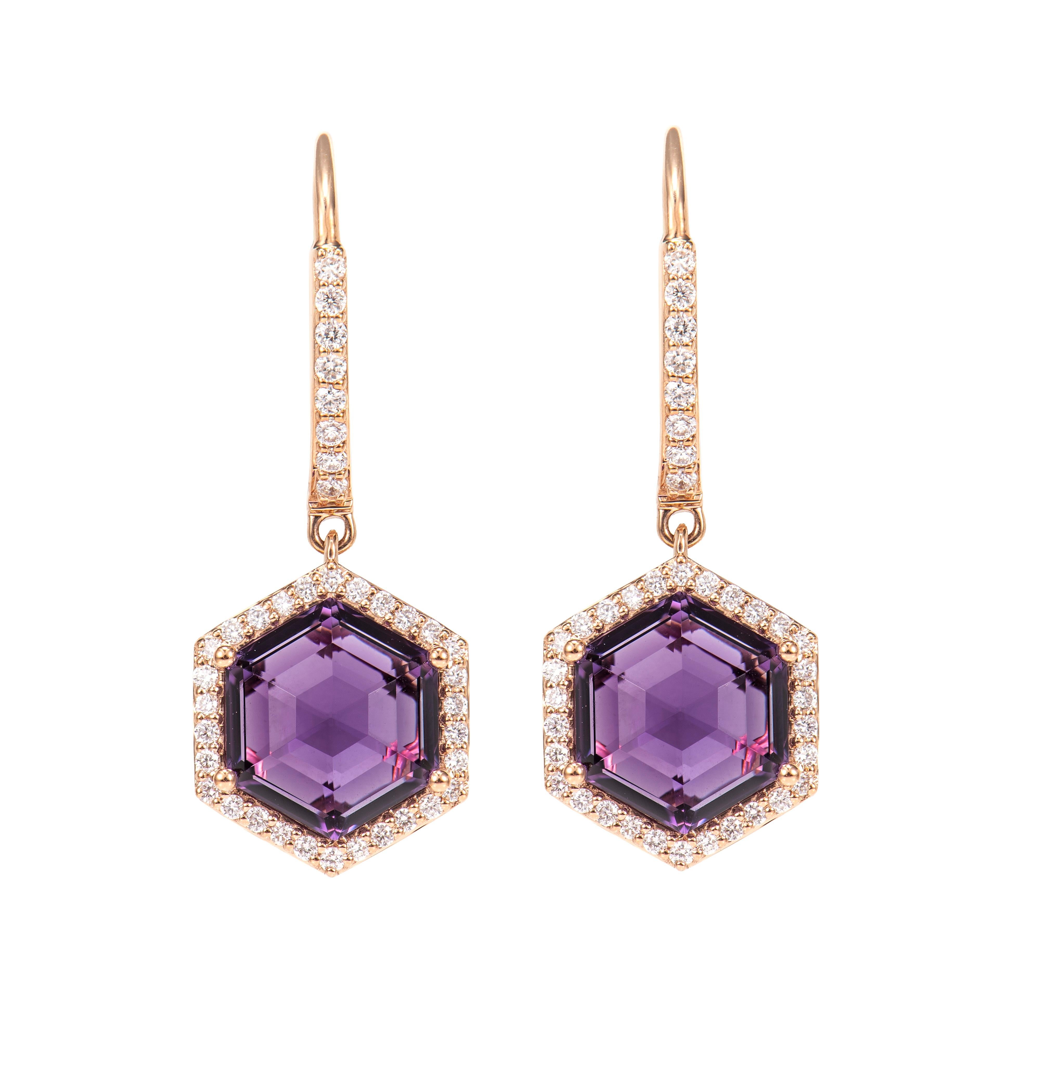 Contemporary Sunita Nahata Amethyst 4.75ct. Drop Earrings in 18KRG with Diamond. For Sale