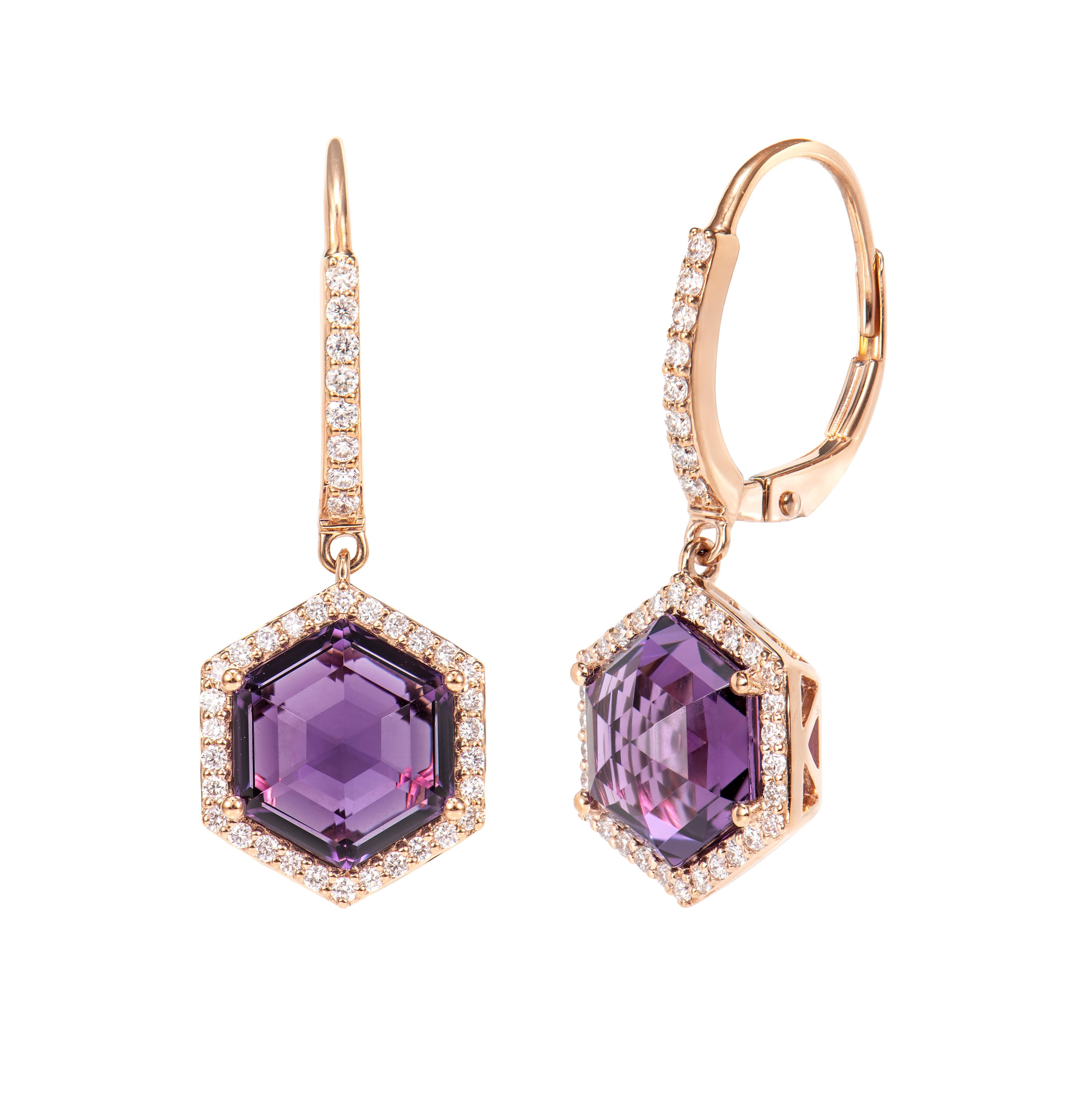 Hexagon Cut Sunita Nahata Amethyst 4.75ct. Drop Earrings in 18KRG with Diamond. For Sale