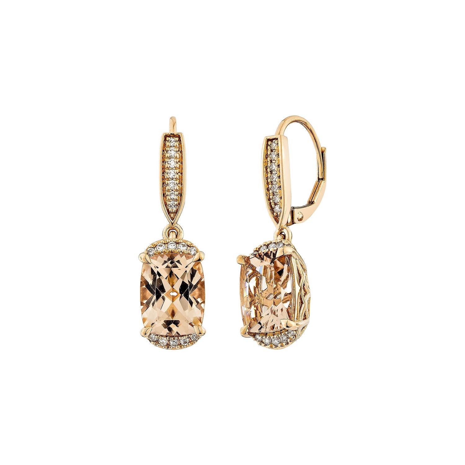 Cushion Cut Sunita Nahata Morganite 4.89ct. Drop Earrings in 18KRG with Diamond. For Sale
