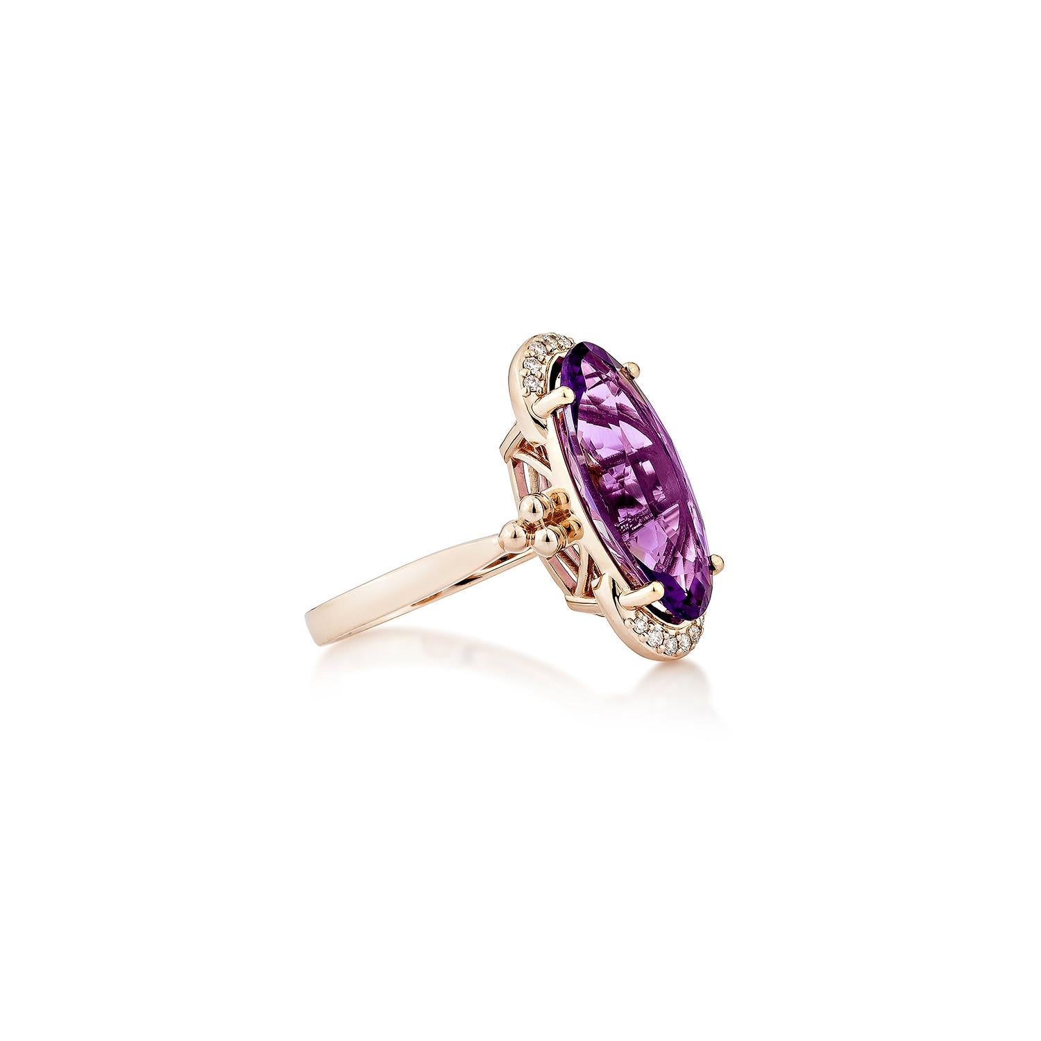 A captivating Amethyst Fancy Ring in 14K Rose Gold, highlighted by sparkling white diamonds, combining vibrant color with timeless elegance.
  
Amethyst Fancy Ring in 14KRG with White Diamond.

Amethyst: 5.06 carat, 18X9mm size, oval shape. 
White