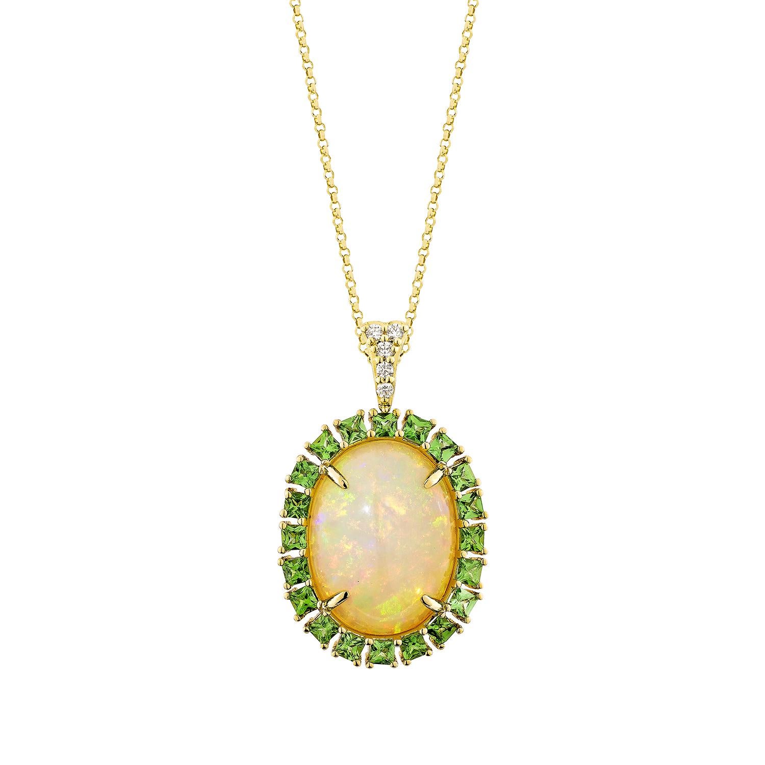 Sunita Nahata presenta uno splendido ciondolo cabochon di opale etiope, ornato da una gemma di tsavorite e da diamanti bianchi. Questa gemma, famosa per il suo significato storico, si ritiene che porti fortuna, protezione e speranza divina. I suoi