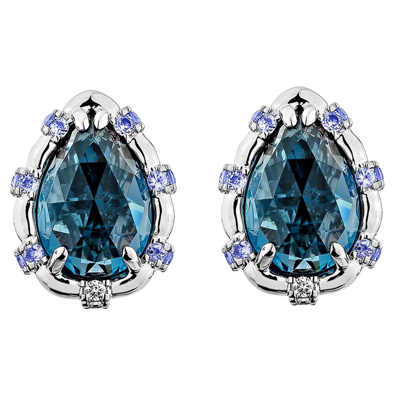 Sunita Nahata Blue Topaz & Sapphire 5.12ct. Earrings in 18KWG With Diamond.