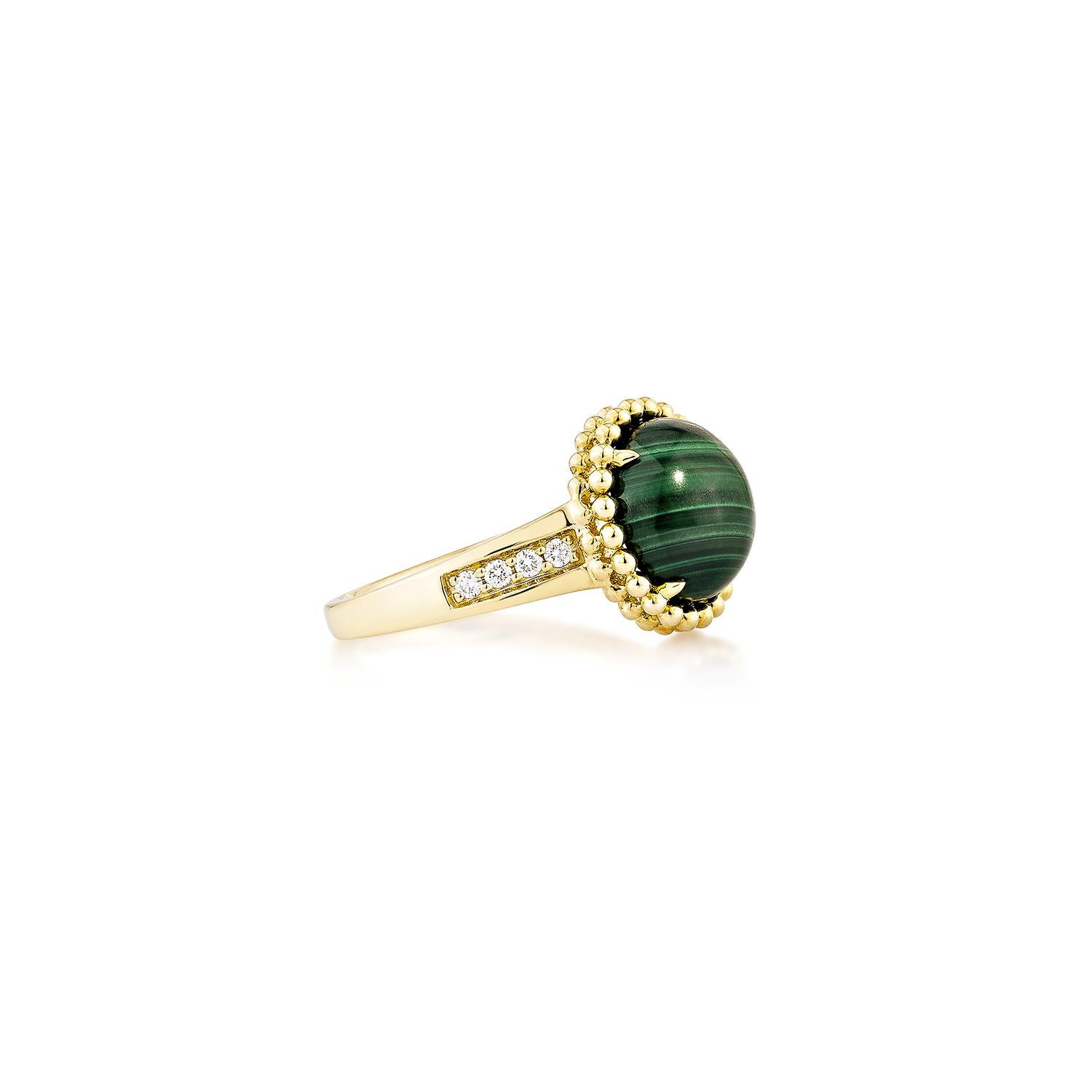 This Malachite Ring is a stunning piece featuring a round-shaped, brilliant green malachite gemstone framed by a halo of glittering diamonds. The diamonds add a radiant shine and enhance the natural beauty of the ring, creating a tasteful