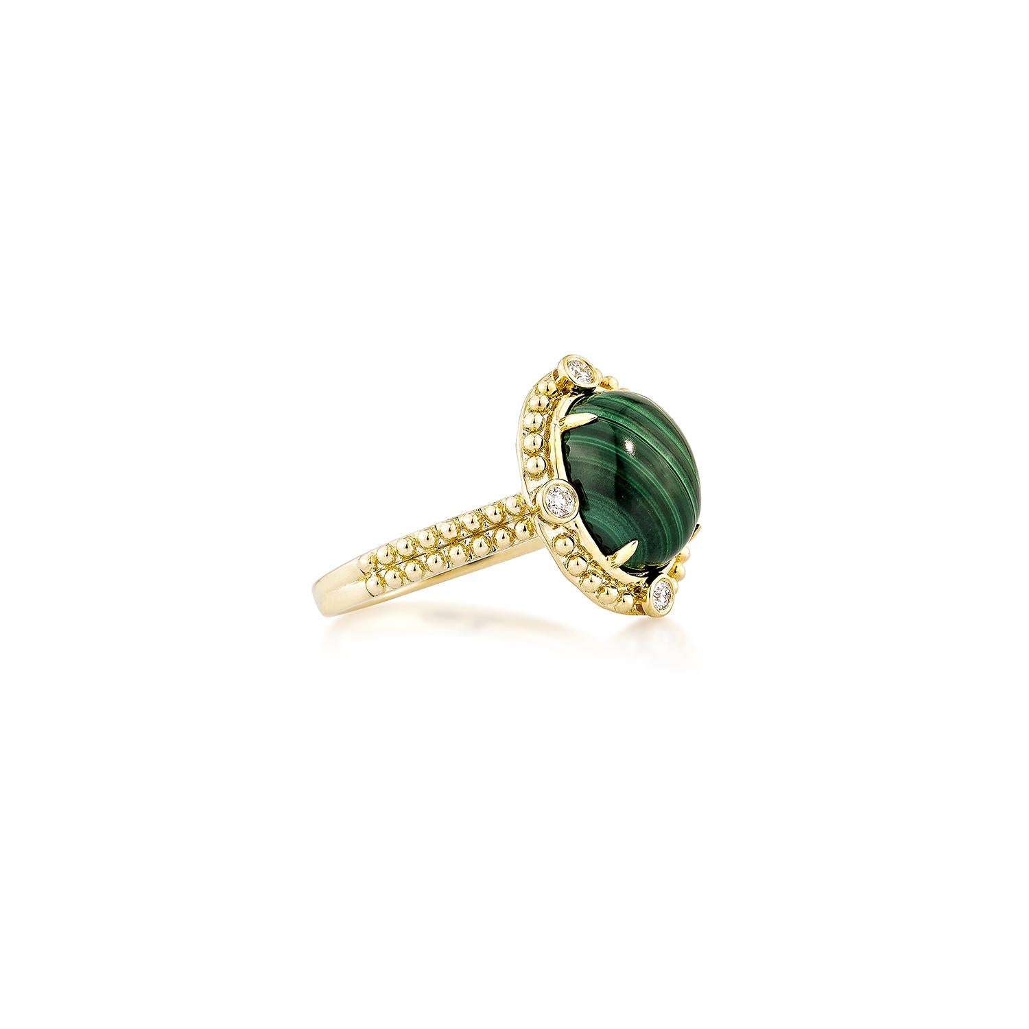 This Malachite Ring is a stunning piece featuring a oval-shaped, brilliant green malachite gemstone framed by a halo of glittering diamonds. The diamonds add a radiant shine and enhance the natural beauty of the ring, creating a tasteful combination