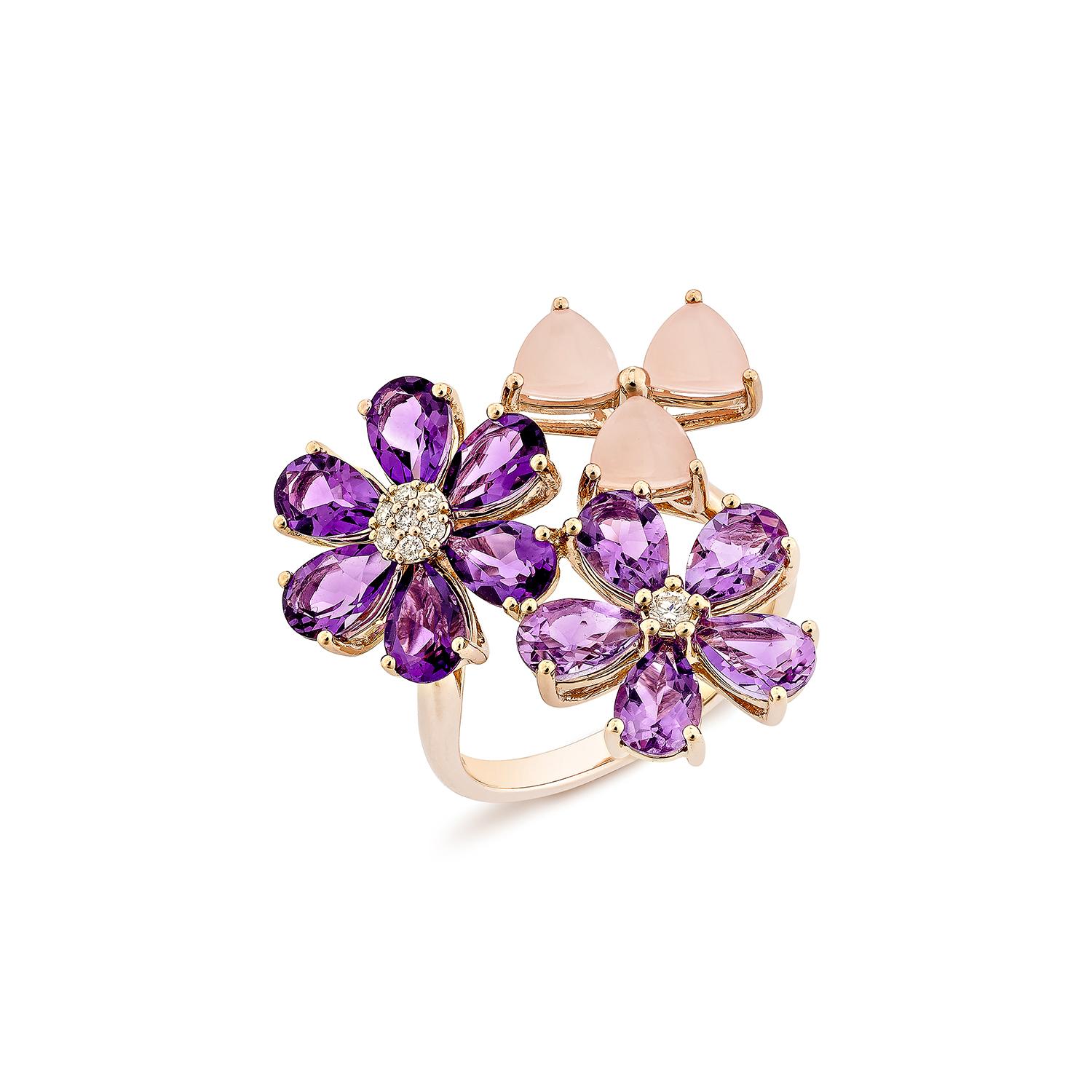 Contemporary Sunita Nahata Amethyst & Guava Quartz 5.26ct. Fancy Ring in 14KRG & Diamond. For Sale