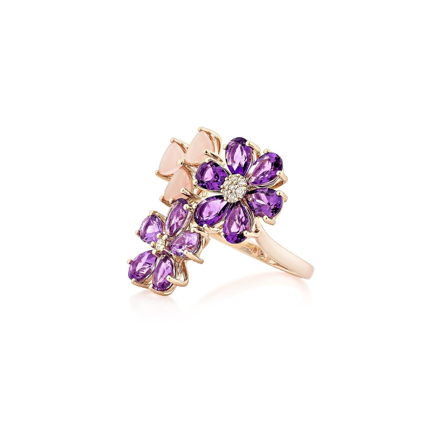 Pear Cut Sunita Nahata Amethyst & Guava Quartz 5.26ct. Fancy Ring in 14KRG & Diamond. For Sale