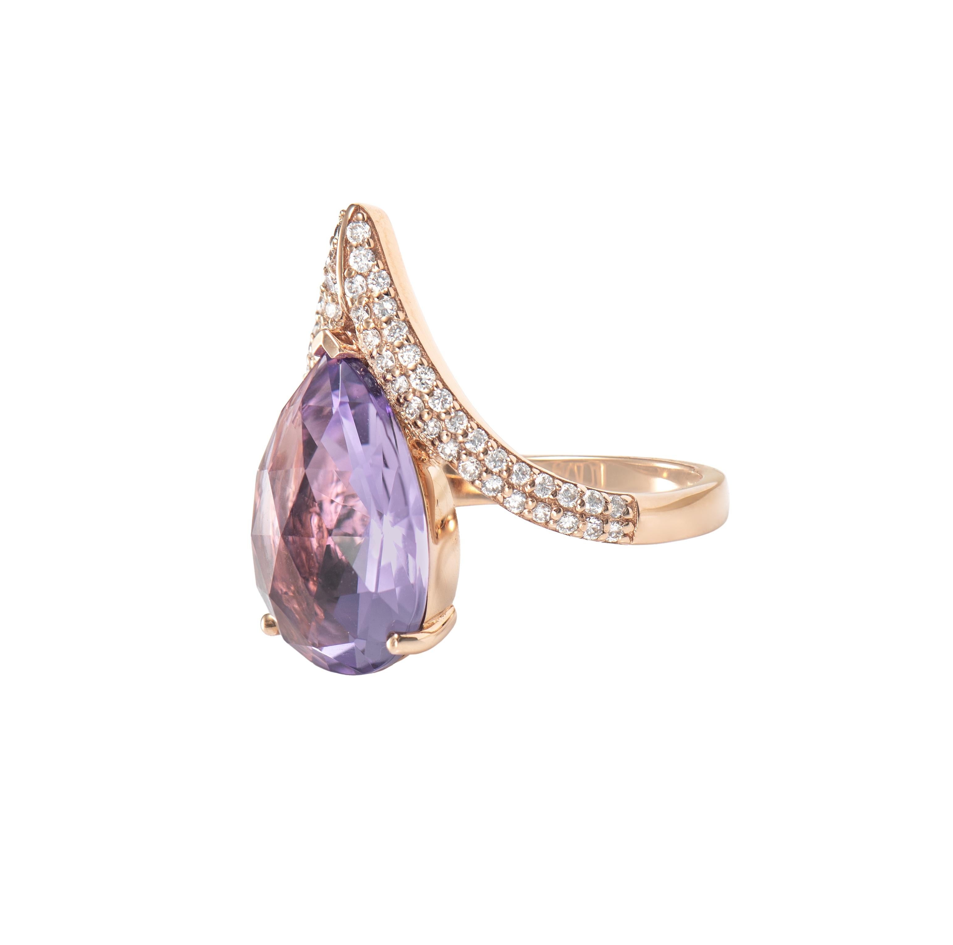 Pear Cut Sunita Nahata Amethyst 5.58ct. Fancy Ring in 18KRG with Diamond. For Sale