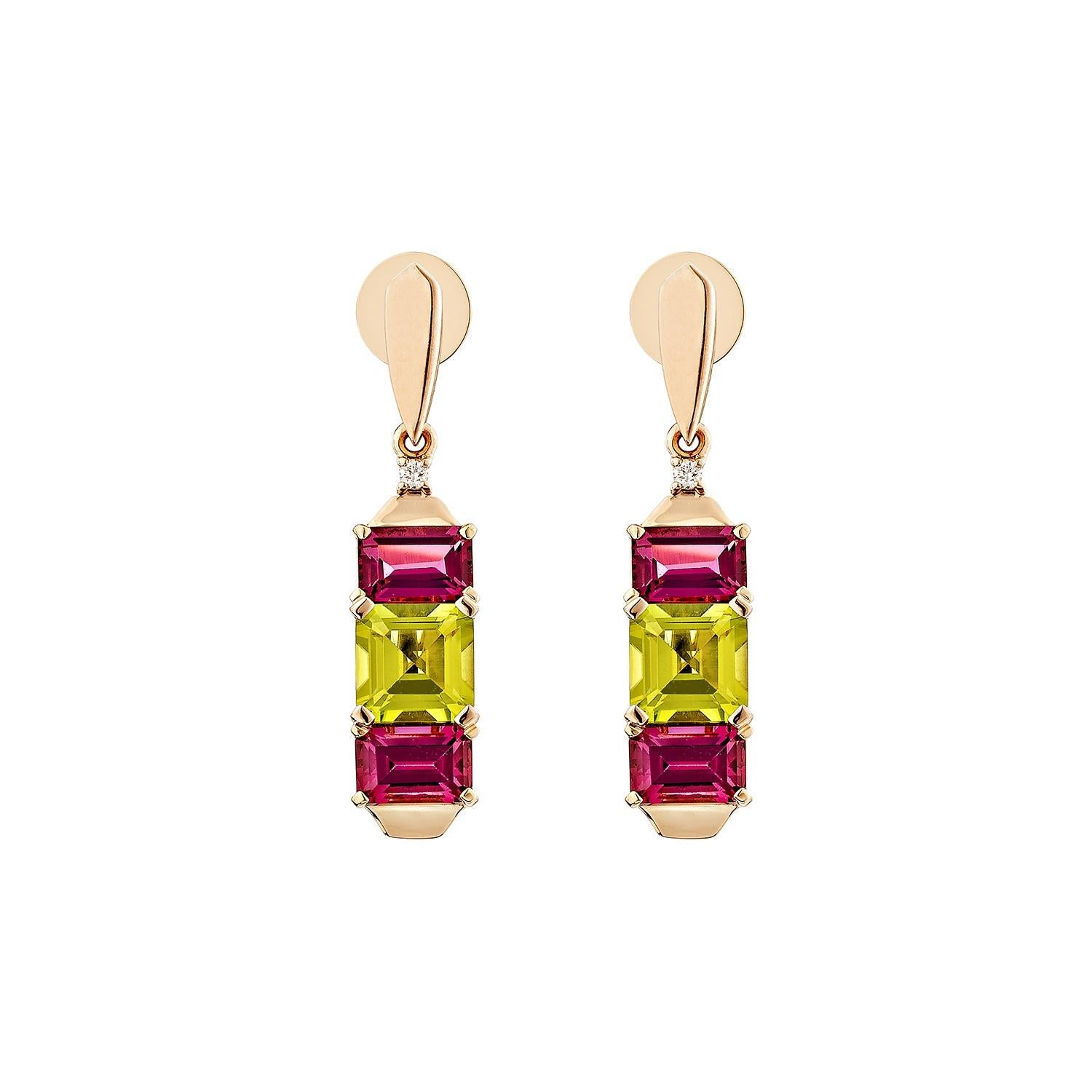 Contemporary Sunita Nahata Peridot & Rhodolite 5.66ct. Earrings in 18KRG with Diamond. For Sale
