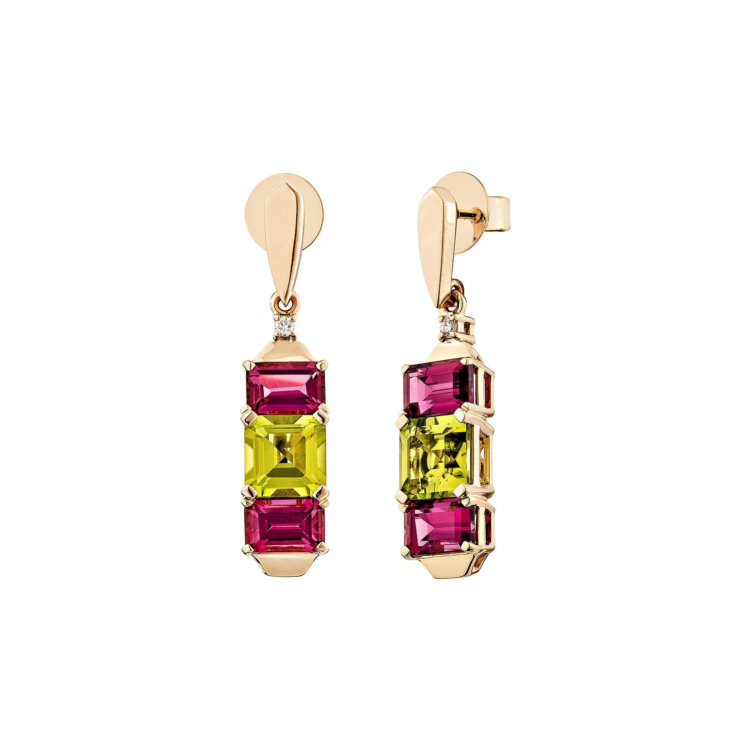 Octagon Cut Sunita Nahata Peridot & Rhodolite 5.66ct. Earrings in 18KRG with Diamond. For Sale
