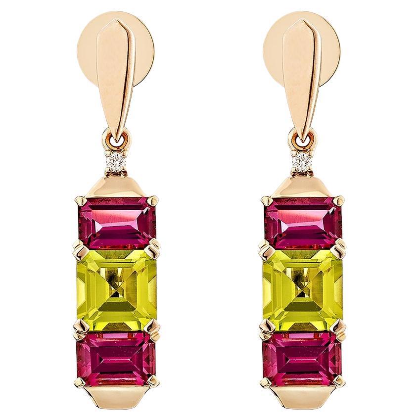 Sunita Nahata Peridot & Rhodolite 5.66ct. Earrings in 18KRG with Diamond.