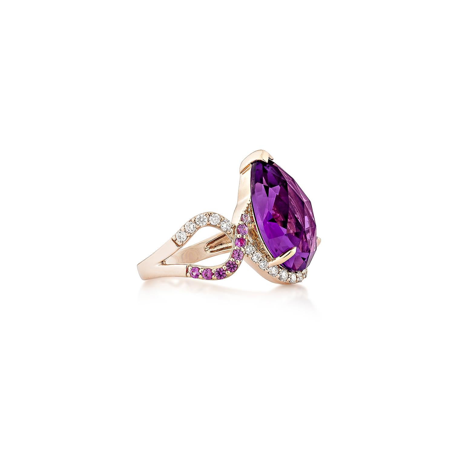 A captivating pear-shaped amethyst ring set in 14K rose gold, adorned with dazzling diamonds and vibrant pink sapphires. The intricate intertwining design enhances its elegance, making it a standout statement piece for any jewelry
