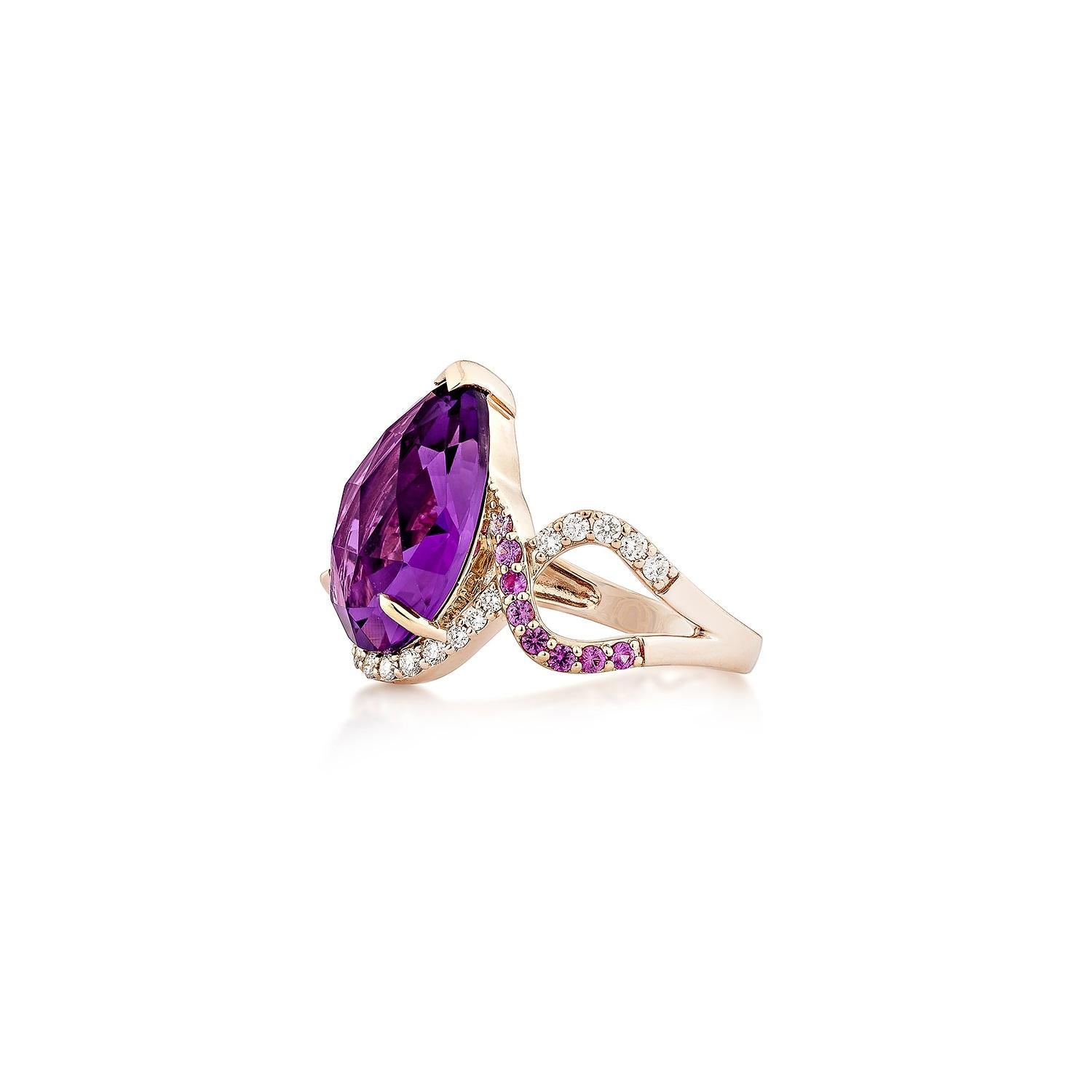 Pear Cut Sunita Nahata Amethyst & Pink Sapphire 5.75ct. Ring in 14KRG with Diamond. For Sale