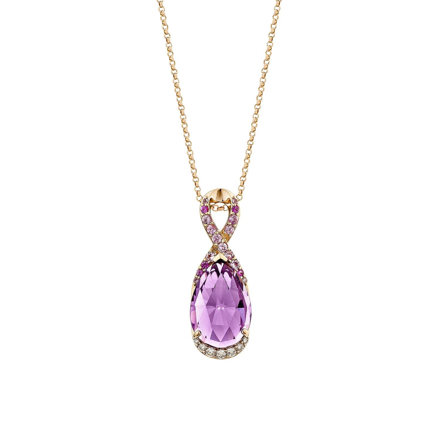 A captivating pear-shaped amethyst pendant in 14K rose gold, adorned with dazzling diamonds and vibrant pink sapphires. The intricate intertwining design enhances its elegance, making it a standout statement piece for any jewelry