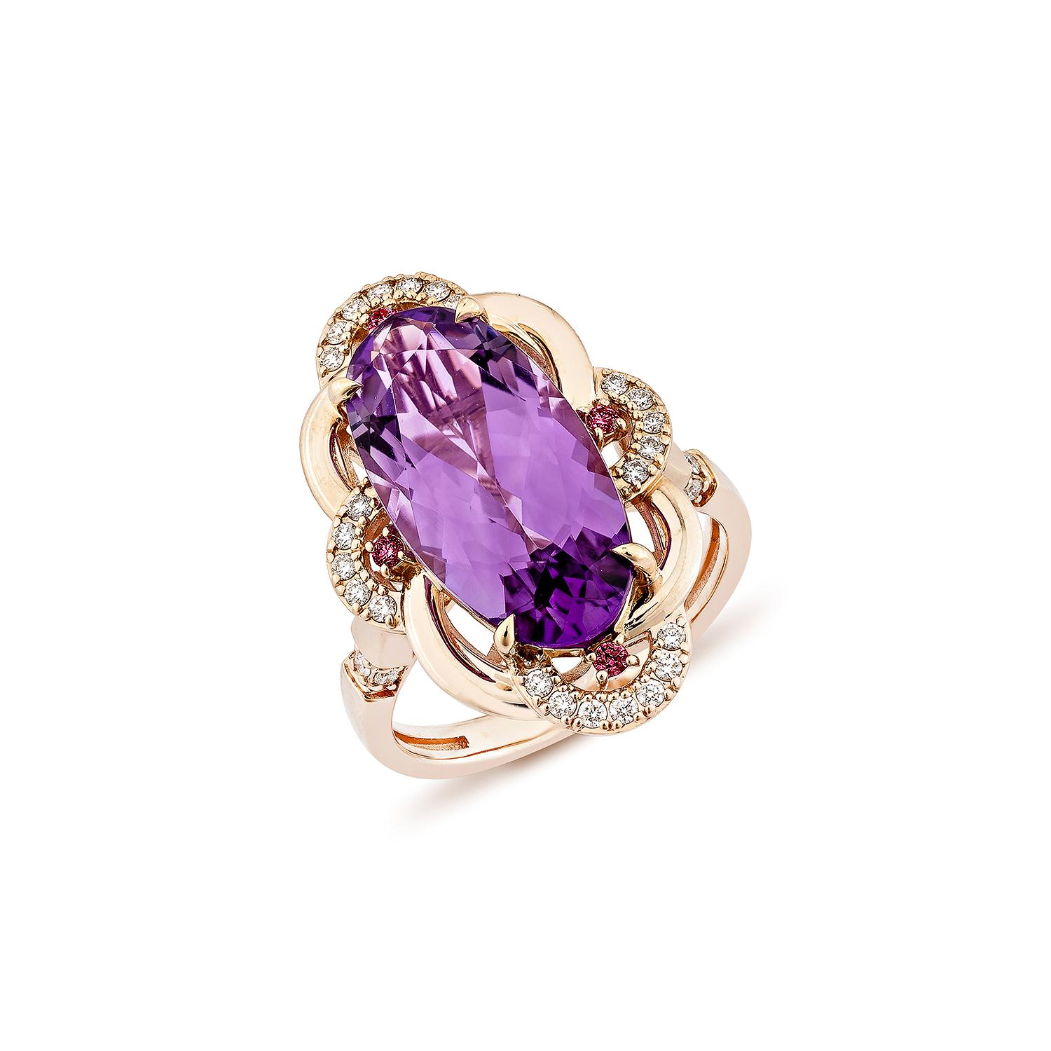 Contemporary Sunita Nahata Amethyst & Rhodolite 5.87ct. Fancy Ring in 14KRG with Diamond. For Sale