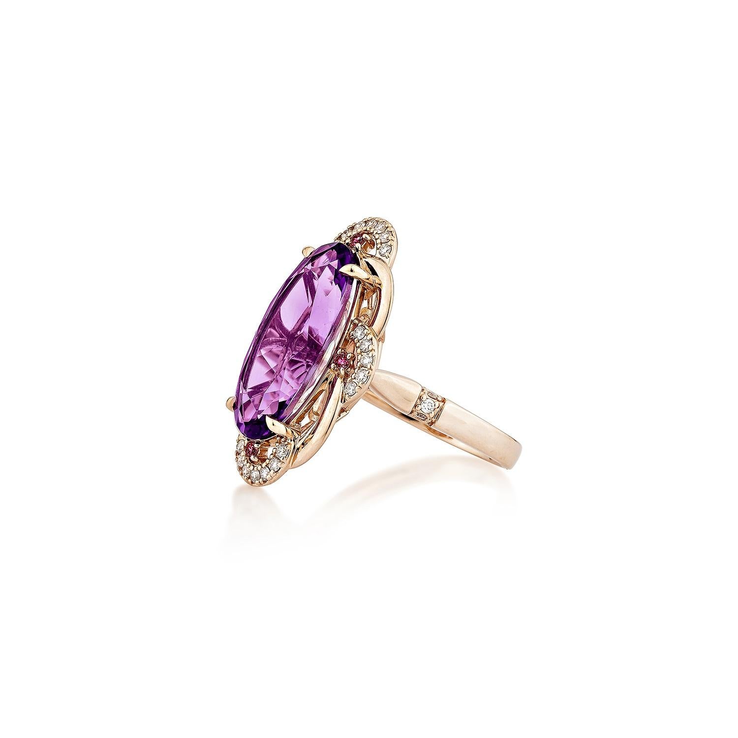 Oval Cut Sunita Nahata Amethyst & Rhodolite 5.87ct. Fancy Ring in 14KRG with Diamond. For Sale