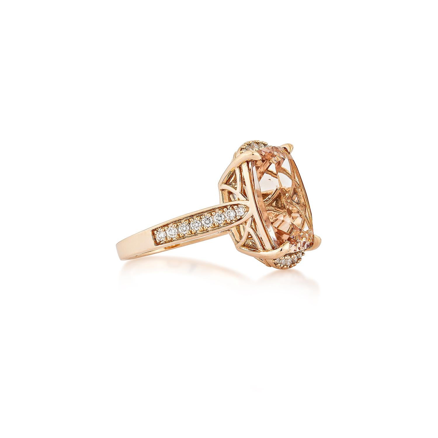 This collection includes a range of Morganite, which is a symbol of love and relationships, making it an excellent choice for a variety of applications. Accented with White Diamond this ring is made in Rose Gold and present a classic yet elegant