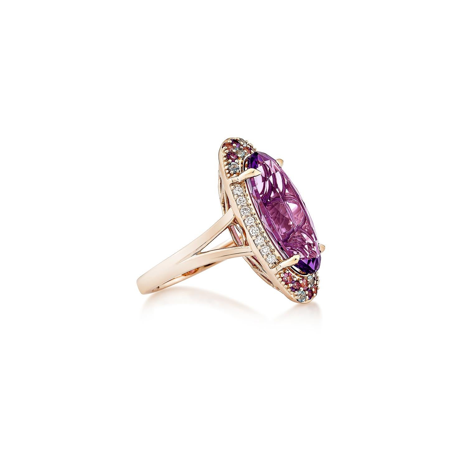 A striking Amethyst Fancy Ring in 14K Rose Gold, featuring vibrant Pink Tourmaline, Swiss Blue Topaz, and accentuated with dazzling diamonds for a bold, elegant statement.
  
Amethyst Fancy Ring in 14Karat Rose Gold with Pink Tourmaline and Swiss