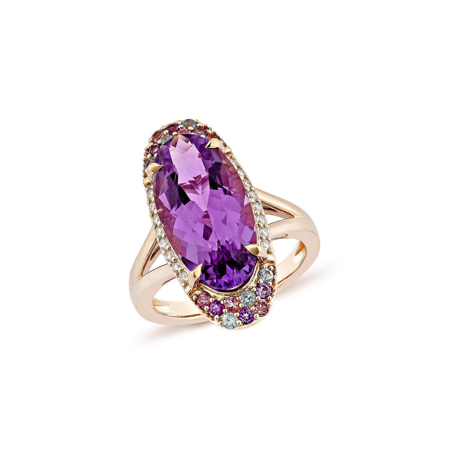 Contemporary Sunita Nahata Amethyst 5.87ct. Fancy Ring in 14KRG with Mix Gemstone & Diamond. For Sale