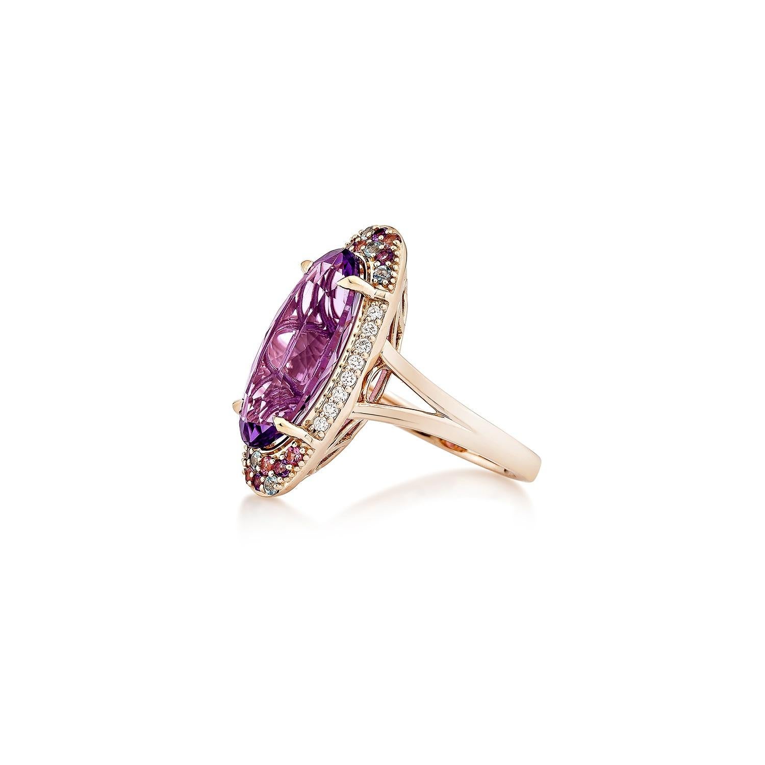 Oval Cut Sunita Nahata Amethyst 5.87ct. Fancy Ring in 14KRG with Mix Gemstone & Diamond. For Sale