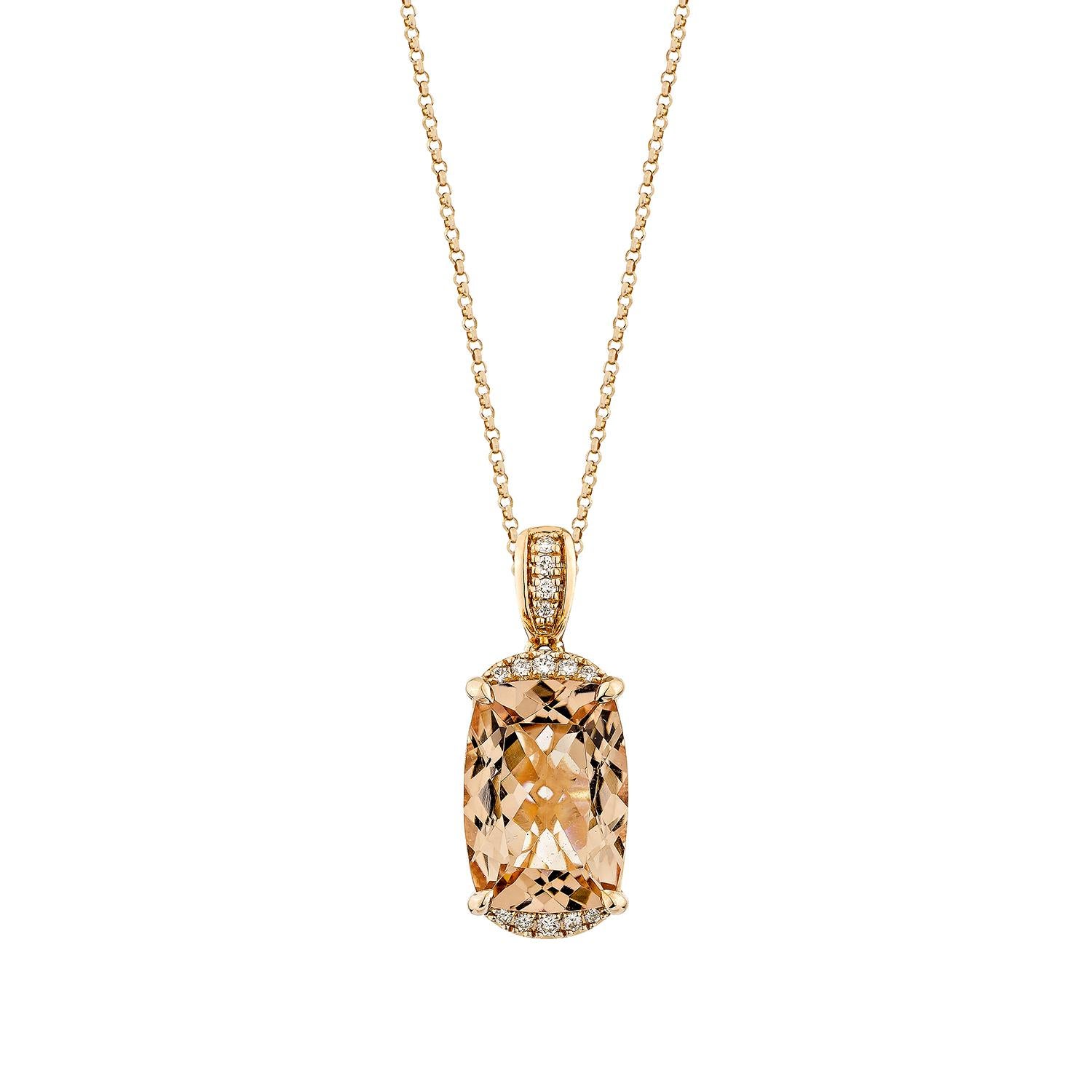 This collection includes a range of Morganite, which is a symbol of love and relationships, making it an excellent choice for a variety of applications. Accented with White Diamonds this pendant is made in Rose Gold and presents a classic yet