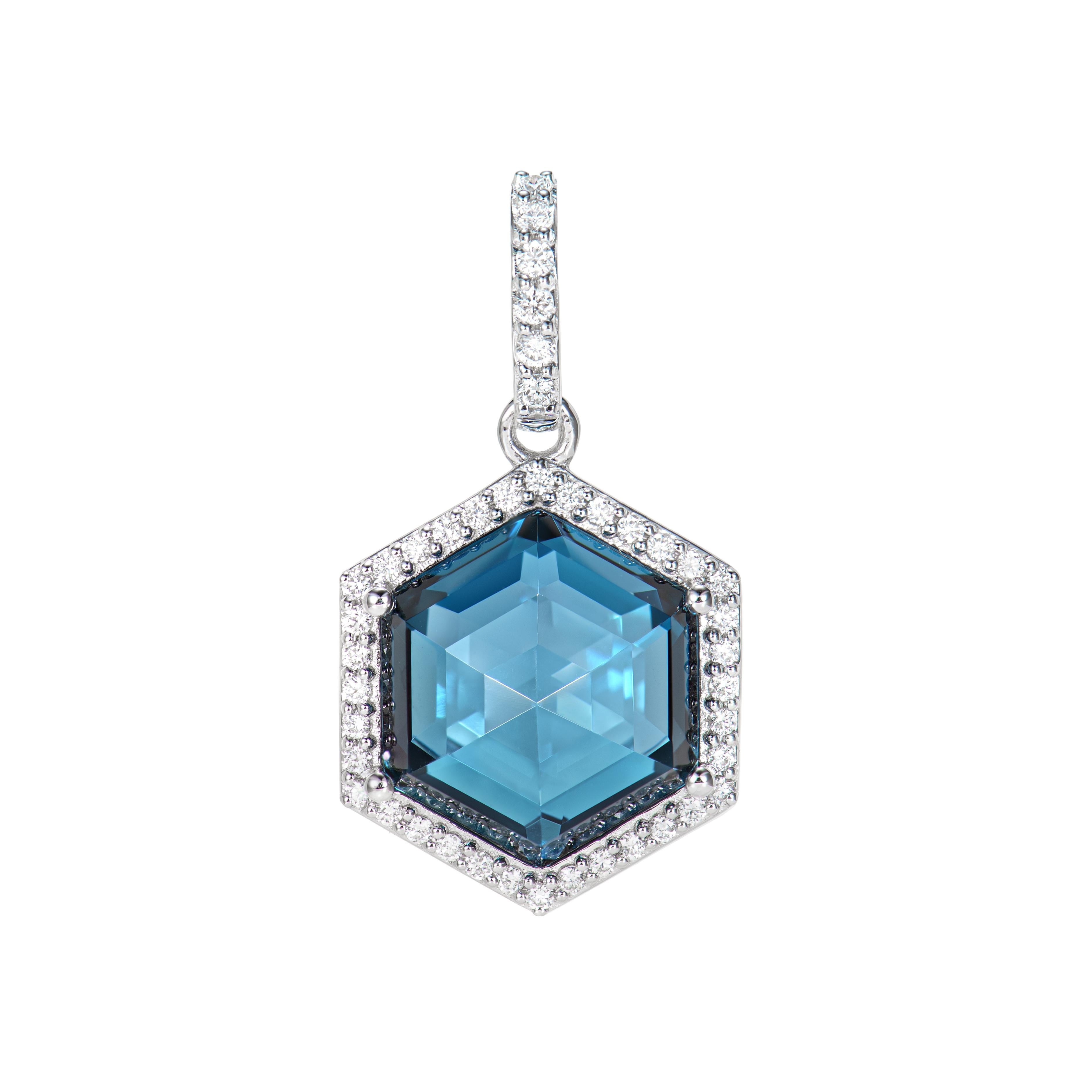 This is fancy Pendant in hexagon briolette shape. The pendant is elegant and can be worn for many occasions. The London Blue Topaz around the pendant add to the beauty and elegance of the pendant.

London Blue Topaz Fancy Pendant in 18Karat White