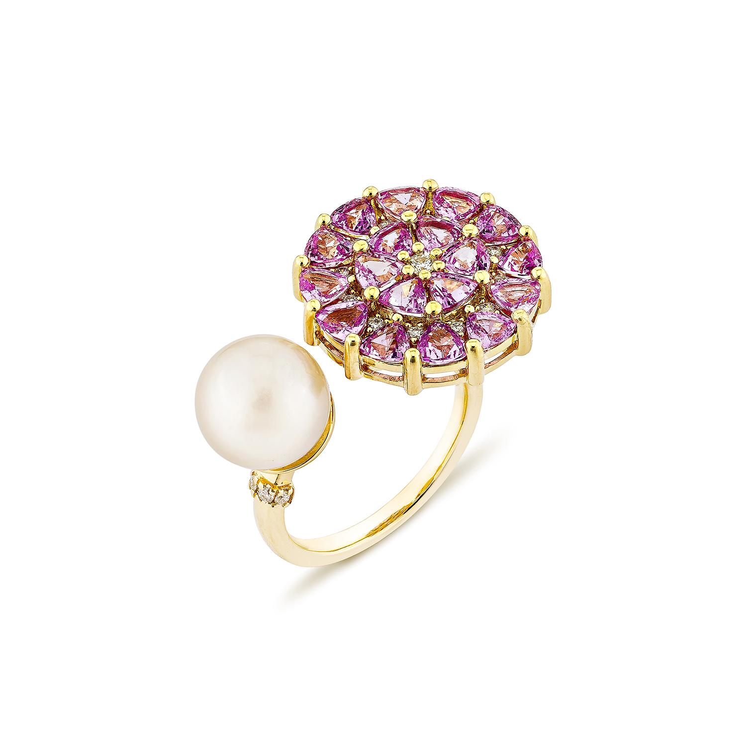 Perla Sunita Nahata 6,15ct. Anillo de Fantasía en 18KYG con Zafiro Rosa y Diamante. Contemporáneo en venta