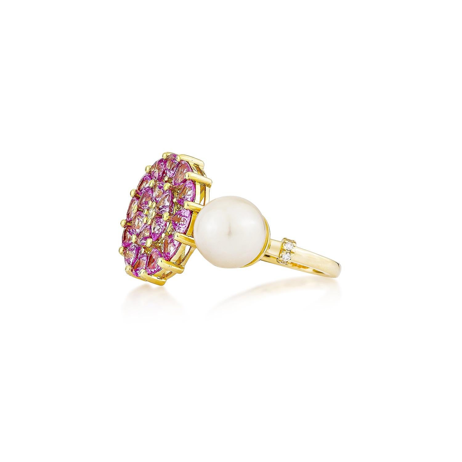Perla Sunita Nahata 6,15ct. Anillo de Fantasía en 18KYG con Zafiro Rosa y Diamante. Corte redondo en venta