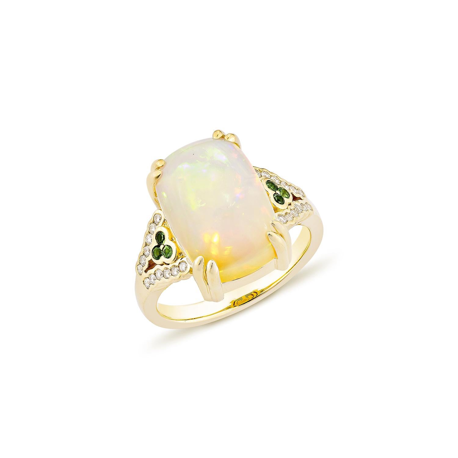 Contemporary Sunita Nahata Ethiopian Opal 6.20ct. Ring in 18KYG with Tsavorite & Diamond. For Sale
