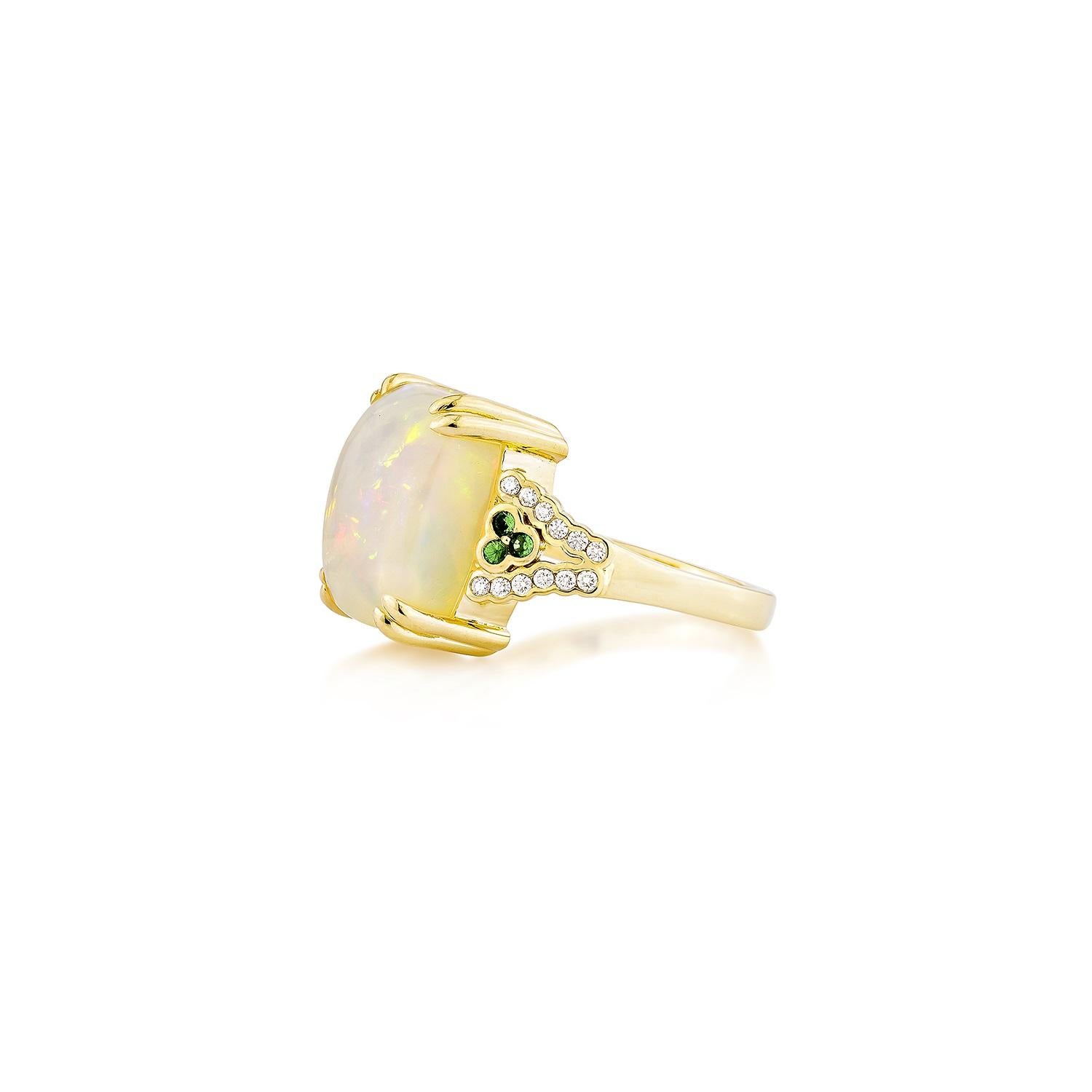 Cushion Cut Sunita Nahata Ethiopian Opal 6.20ct. Ring in 18KYG with Tsavorite & Diamond. For Sale