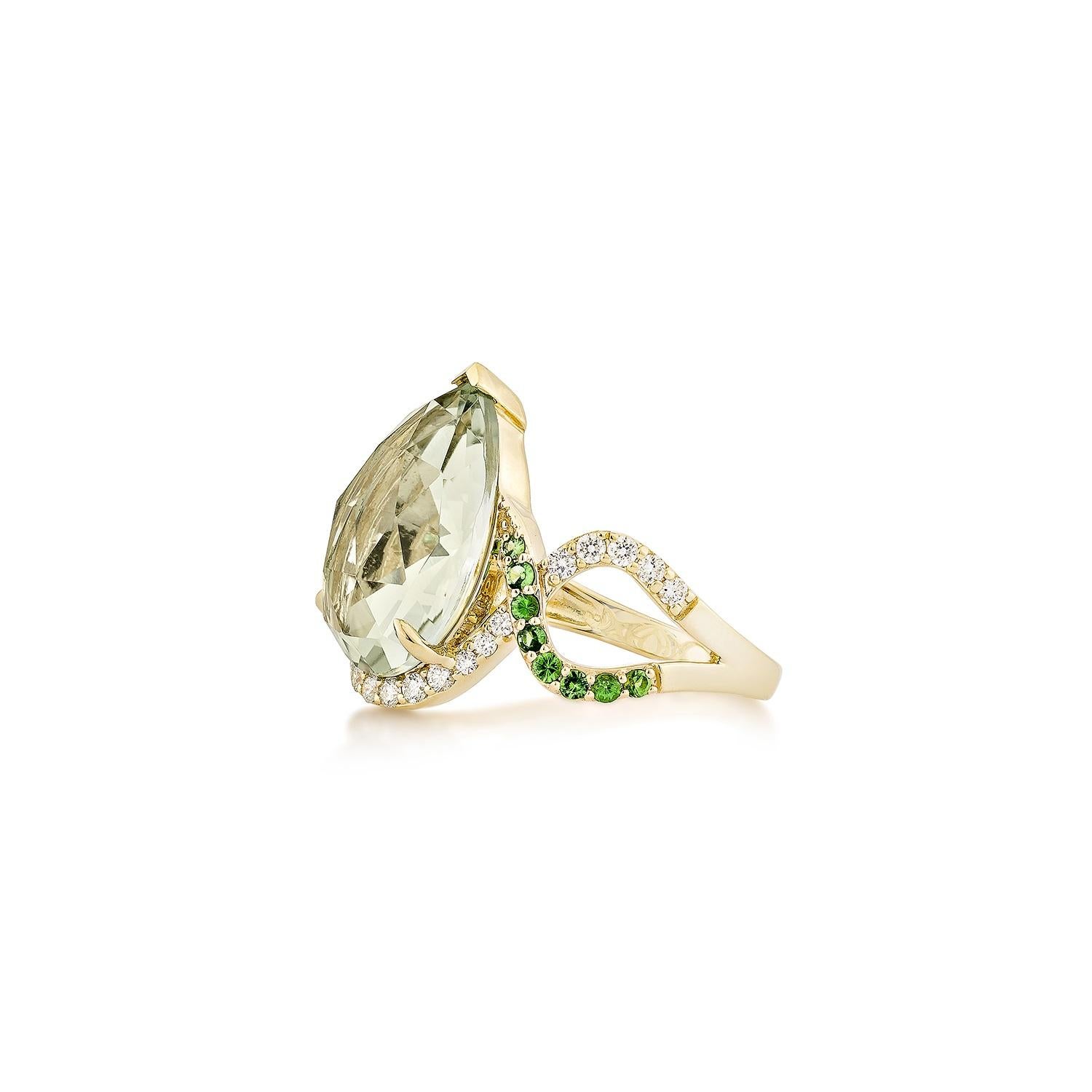Pear Cut Sunita Nahata Mint Quartz 6.21ct. Ring in 14KWG with Tsavorite and Diamond. For Sale