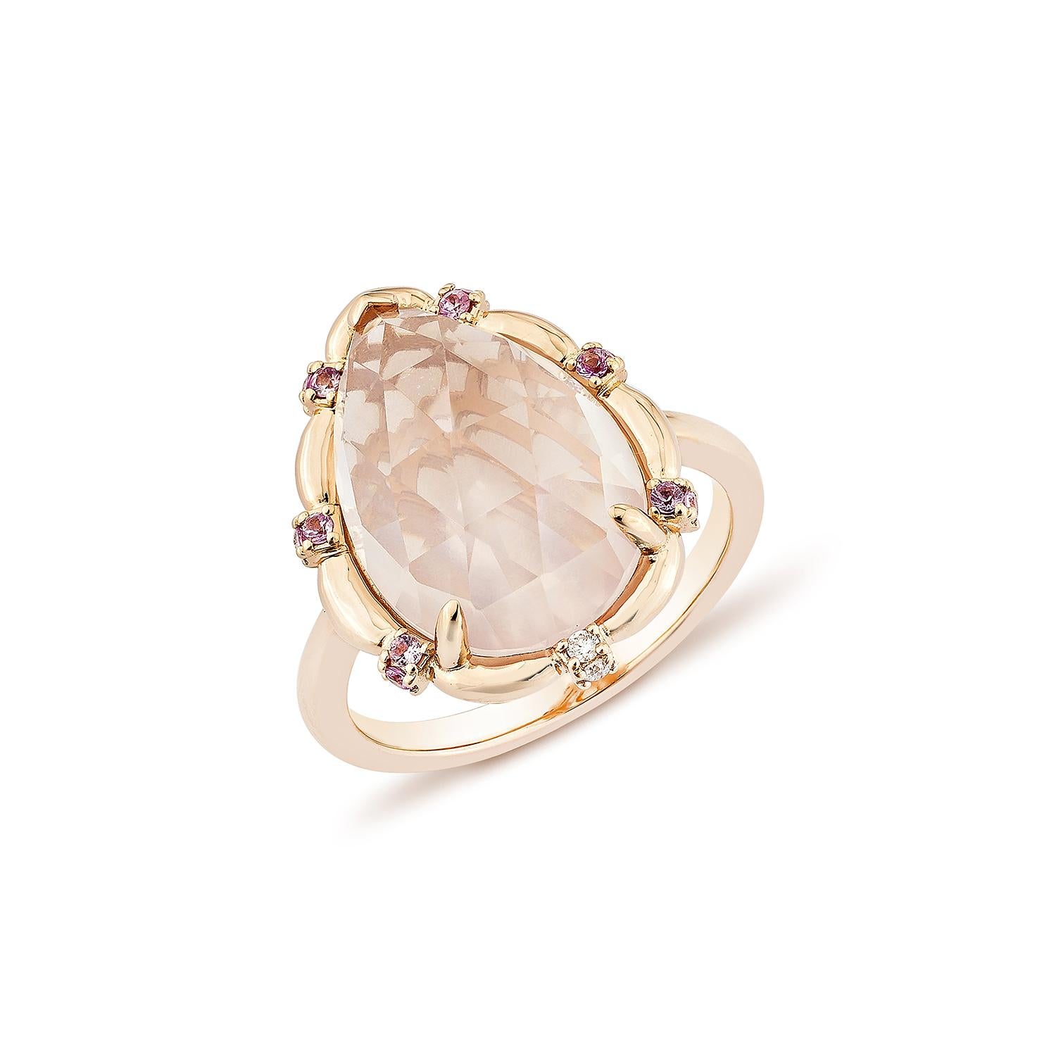Contemporary Sunita Nahata Rose Quartz  6.30ct. Ring in 18KRG with Sapphire & White Diamond. For Sale
