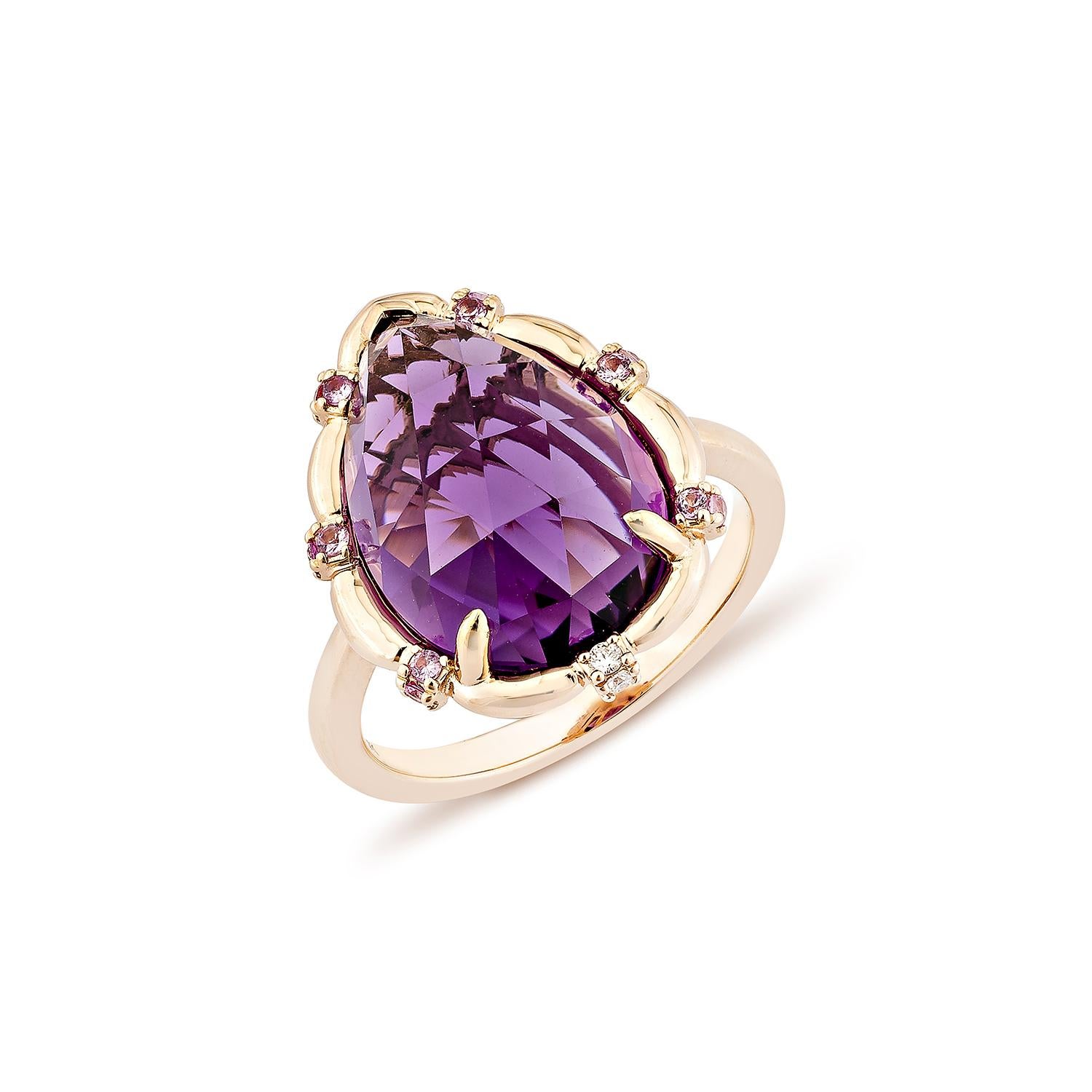Contemporary Sunita Nahata Amethyst 6.35ct. Ring in 18KRG with sapphire & White Diamond. For Sale
