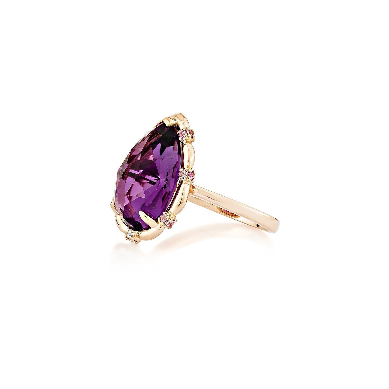 Pear Cut Sunita Nahata Amethyst 6.35ct. Ring in 18KRG with sapphire & White Diamond. For Sale