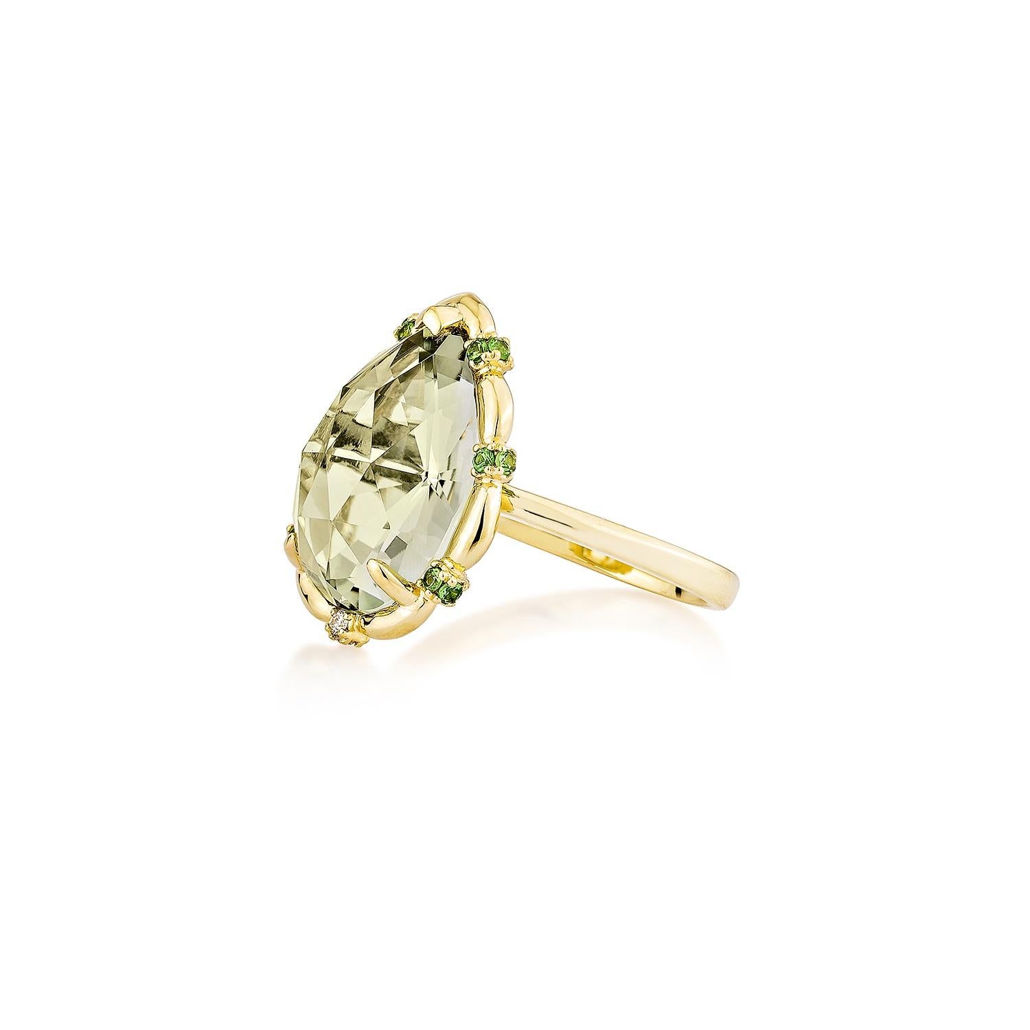 Pear Cut Sunita Nahata Mint Quartz 6.47ct. Ring in 18KYG with Tsavorite & White Diamond. For Sale