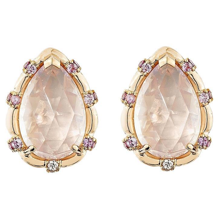 Sunita Nahata Rose Quartz 6.62ct. Earring in 18KRG with Sapphire & Diamond.