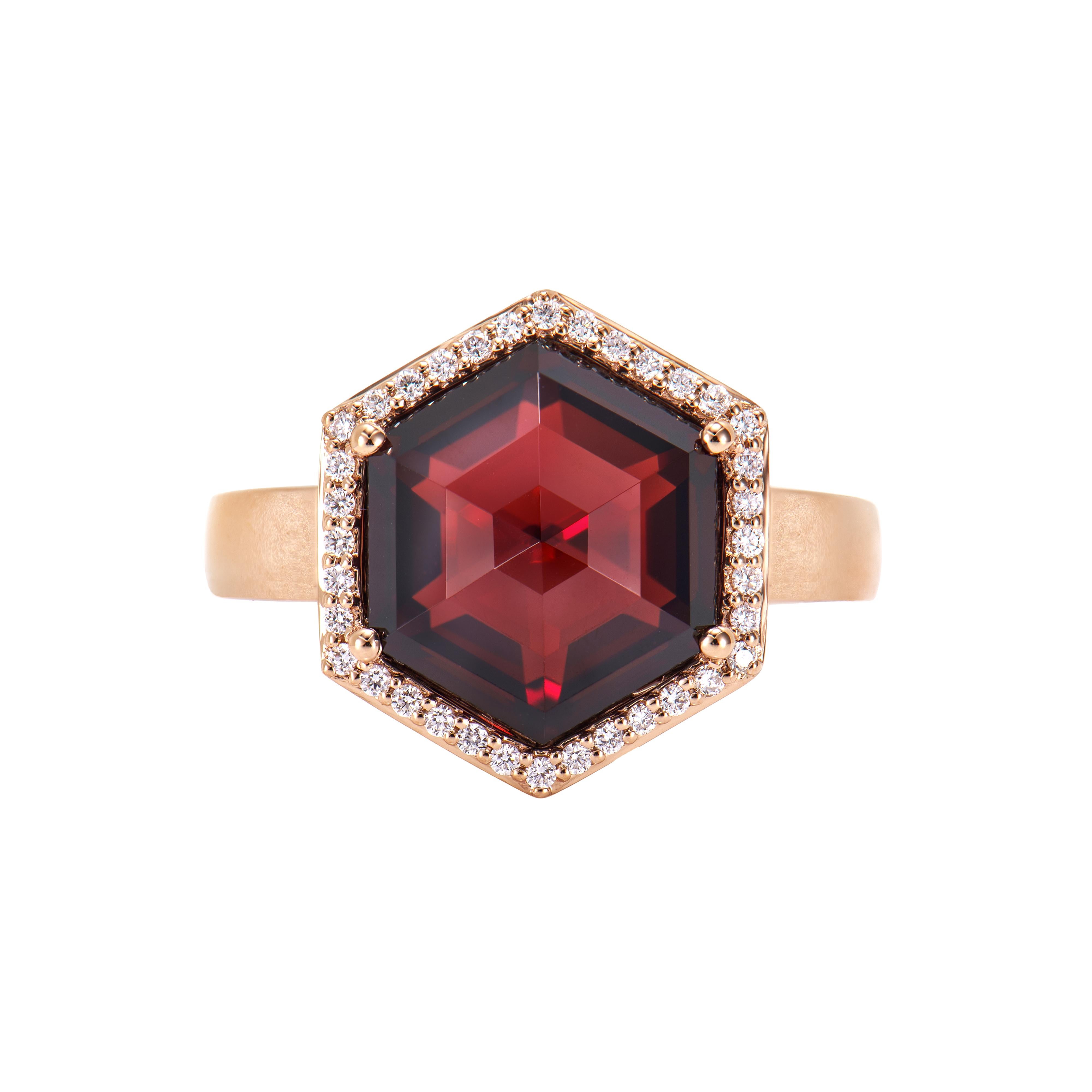 Contemporary Sunita Nahata Red Garnet 6.65ct. Fancy Ring in 18KRG with Diamond. For Sale