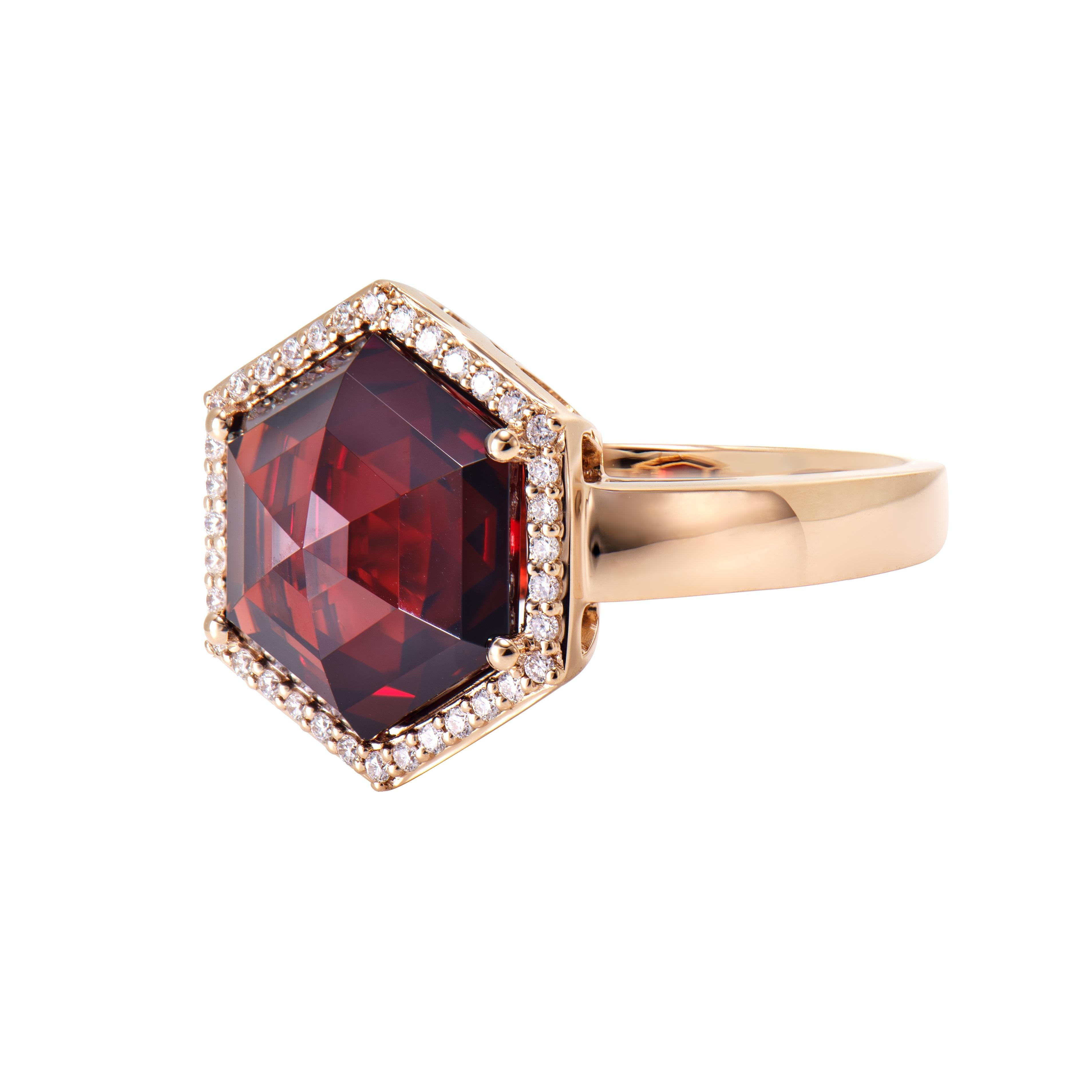 Hexagon Cut Sunita Nahata Red Garnet 6.65ct. Fancy Ring in 18KRG with Diamond. For Sale