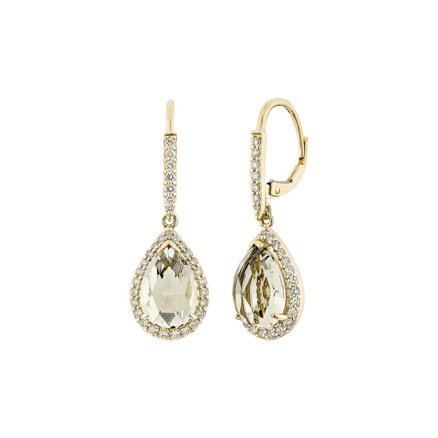 Taille poire Sunita Nahata Quartz menthe 6,70 carats. Boucle d'oreille pendante en 14KYG avec diamant. en vente