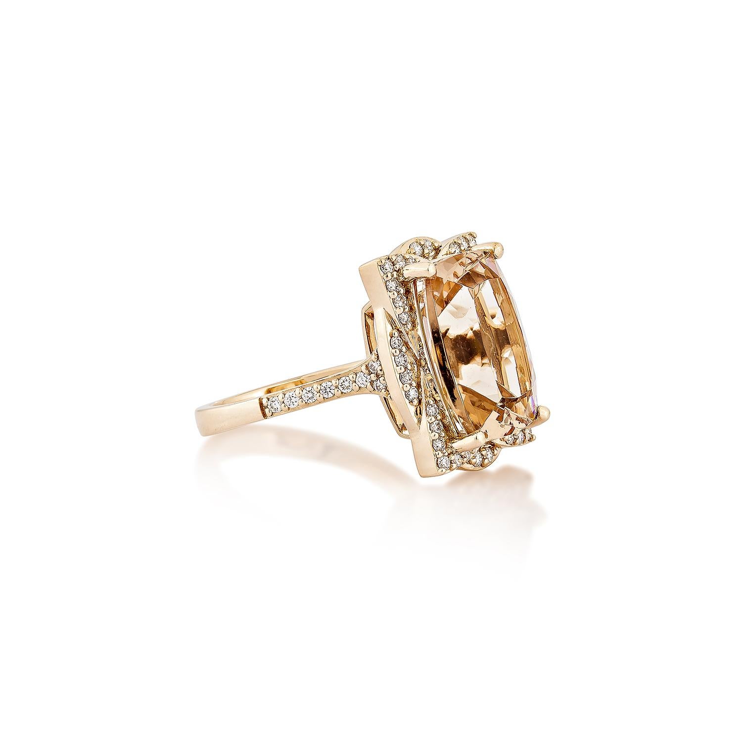 This collection includes a range of Morganite, which is a symbol of love and relationships, making it an excellent choice for a variety of applications. Accented with White Diamond this ring is made in Rose Gold and presents a classic yet elegant
